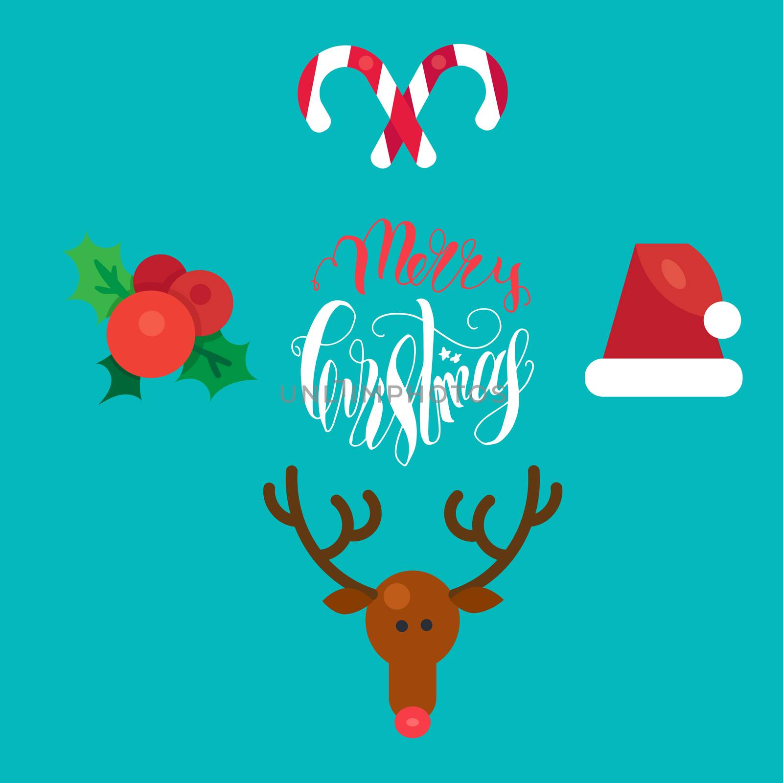 Merry Christmas Hand Drawn Lettering with Happy Deer, Santa Claus Hat, Holly berries, Caramel Wand. Xmas Design Label Elements for invitation, greeting, card and title, sticker, emblem, print. Vector