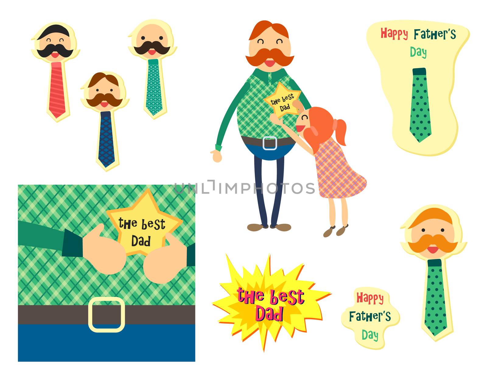 Happy Fathers Day concept with happy father and his daughter. Dad with tie for sticker, banner, web, poster, print. Vector