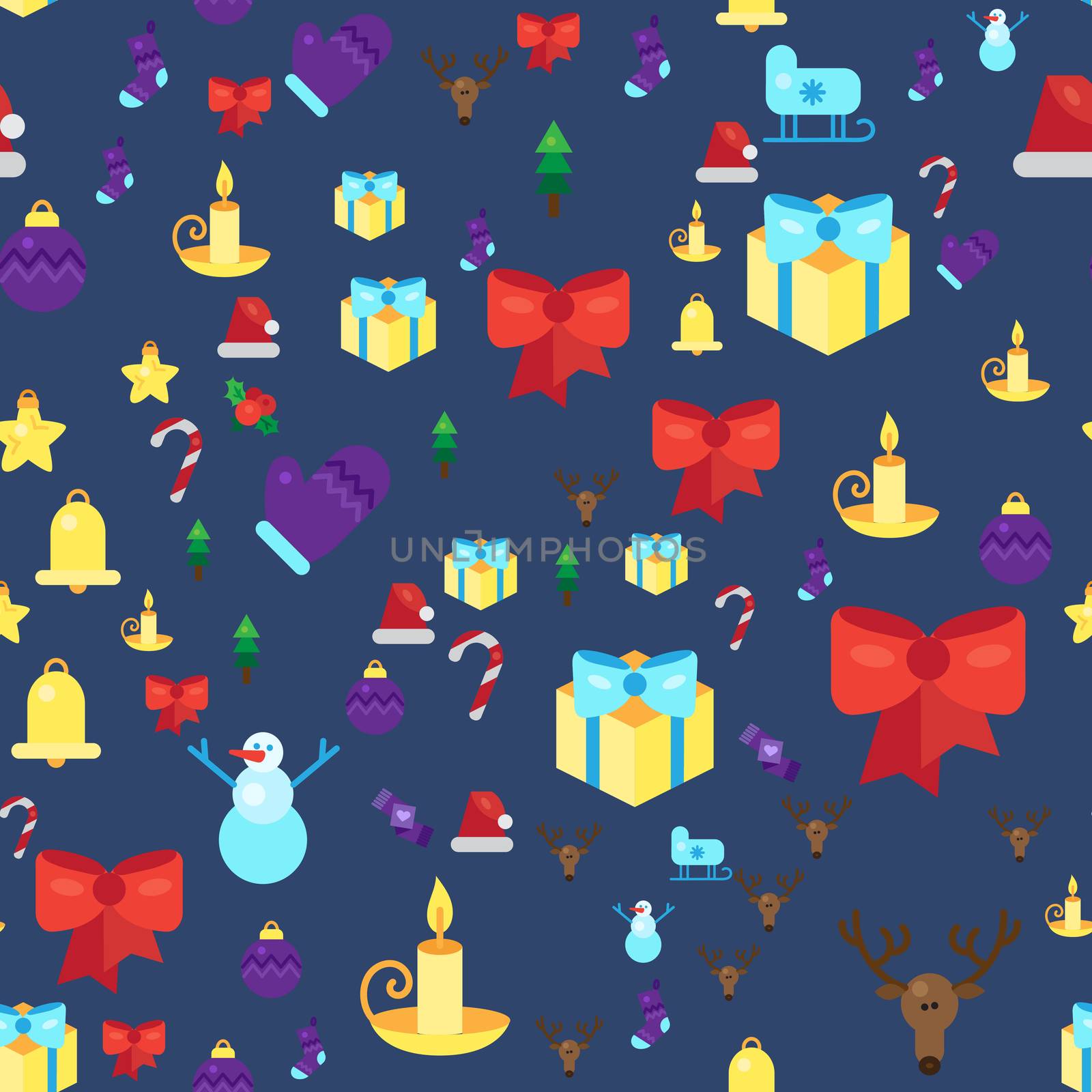 Merry Christmas Seamless Pattern With Gift, Happy Xmas Deer, Santa Claus Hat, Holly berries, Caramel Wand. Design Background Elements for invitation, greeting, card and sticker, print. Vector