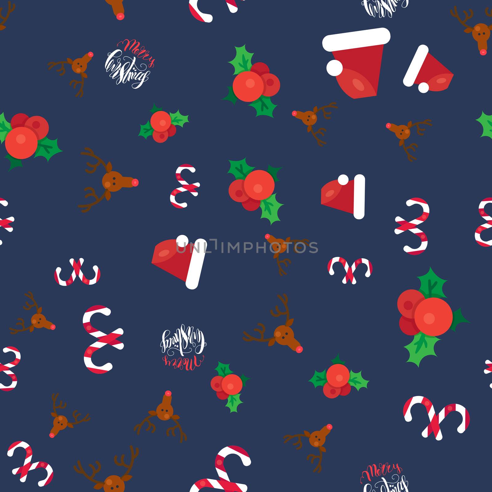 Merry Christmas Seamless Pattern With Hand Drawn Lettering, Happy Xmas Deer, Santa Claus Hat, Holly berries, Caramel Wand. Design Elements for invitation, greeting, card and sticker, print. Vector
