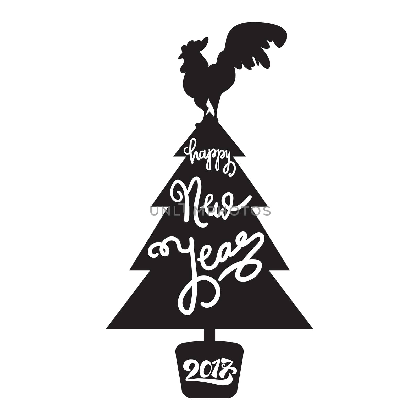 Happy New 2017 Year Lettering in Christmas Tree With Cock. Winter holiday illustration. Xmas Design Label Elements for invitation, greeting card and title, sticker, emblem, print, magnet. Vector