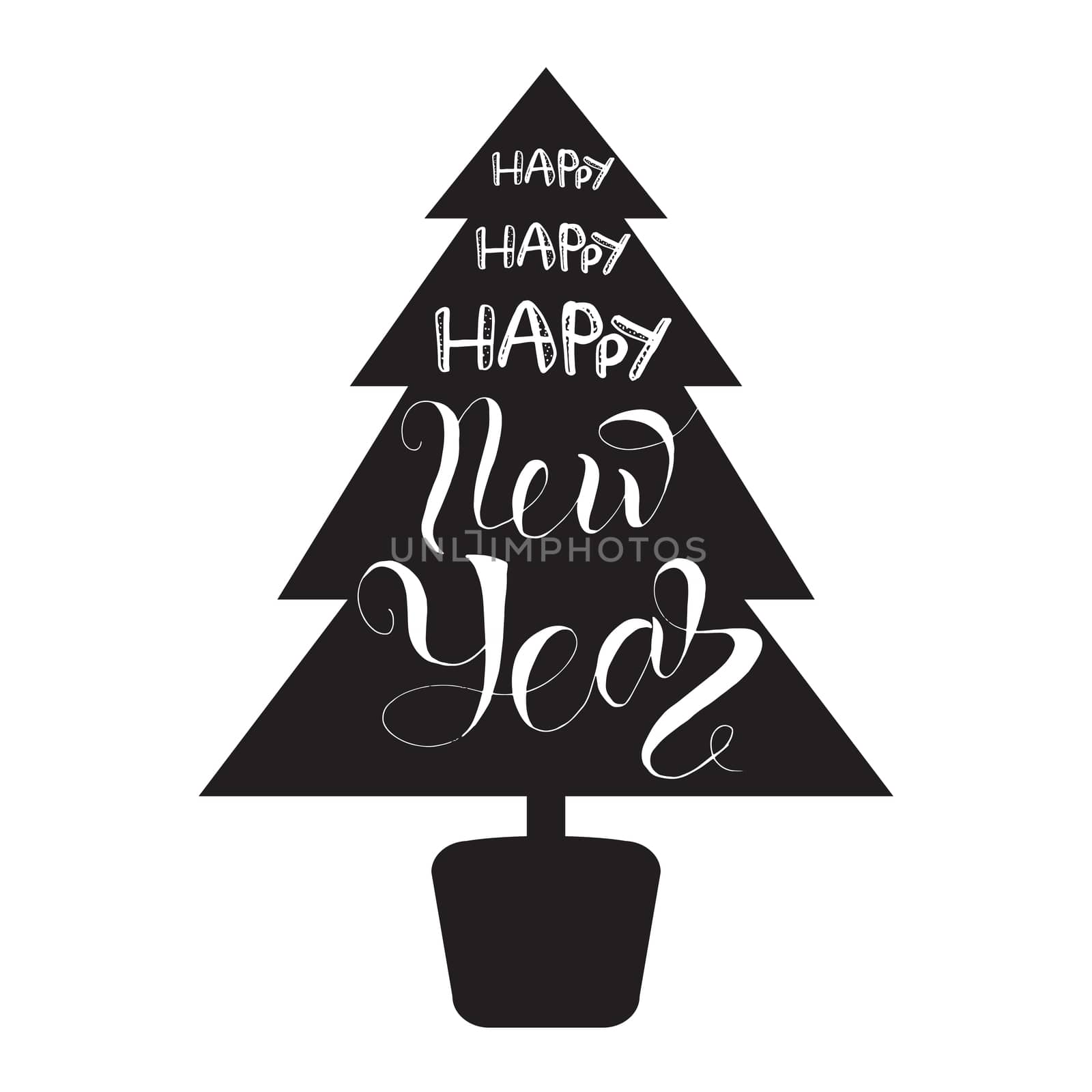 Happy New Year Lettering in Christmas tree. Winter holiday illustration. Xmas Design Label Elements for invitation, greeting, card and headline, title, sticker, emblem, print, magnet. Vector