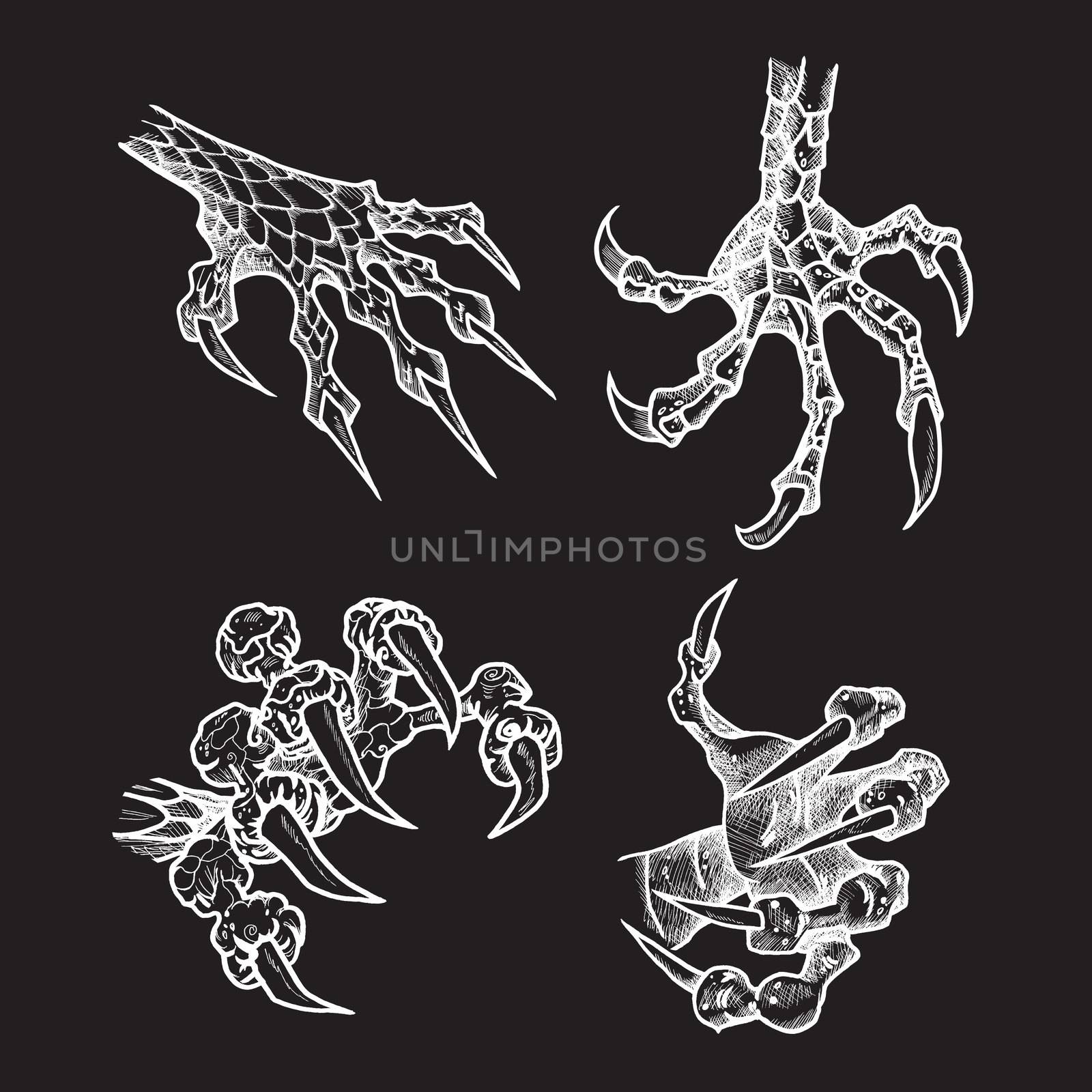 Dragon or monster paw with claws. Wild tattoo. Horror sticker. Halloween symbol. Digital line art for t-shirt, print, fabric, sticker, art. Vector