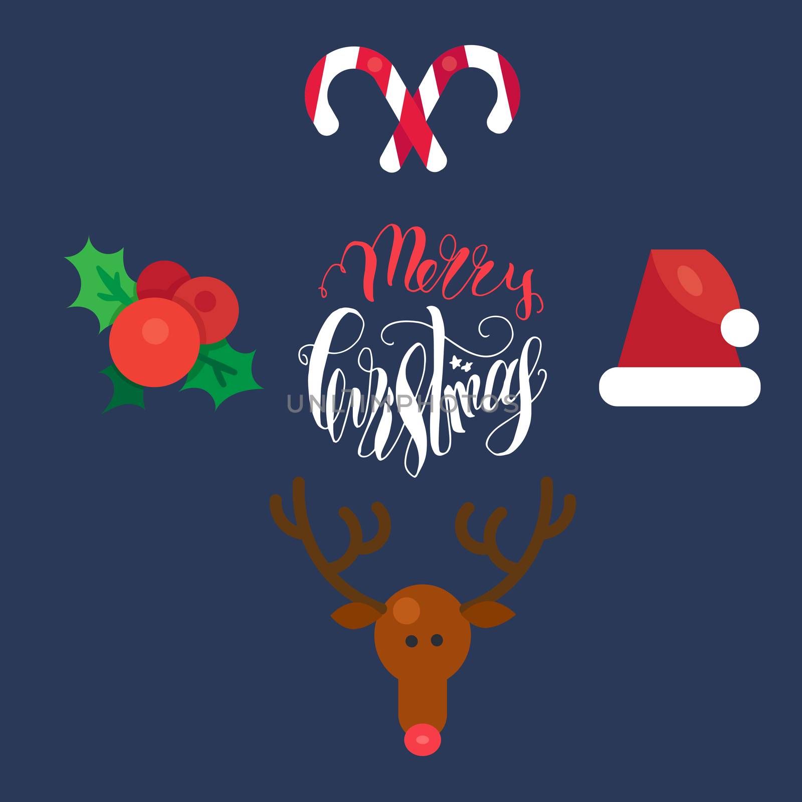 Merry Christmas Hand Drawn Lettering with Happy Deer, Santa Claus Hat, Holly berries, Caramel Wand. Xmas Design Label Elements for invitation, greeting, card and title, sticker, emblem, print. Vector