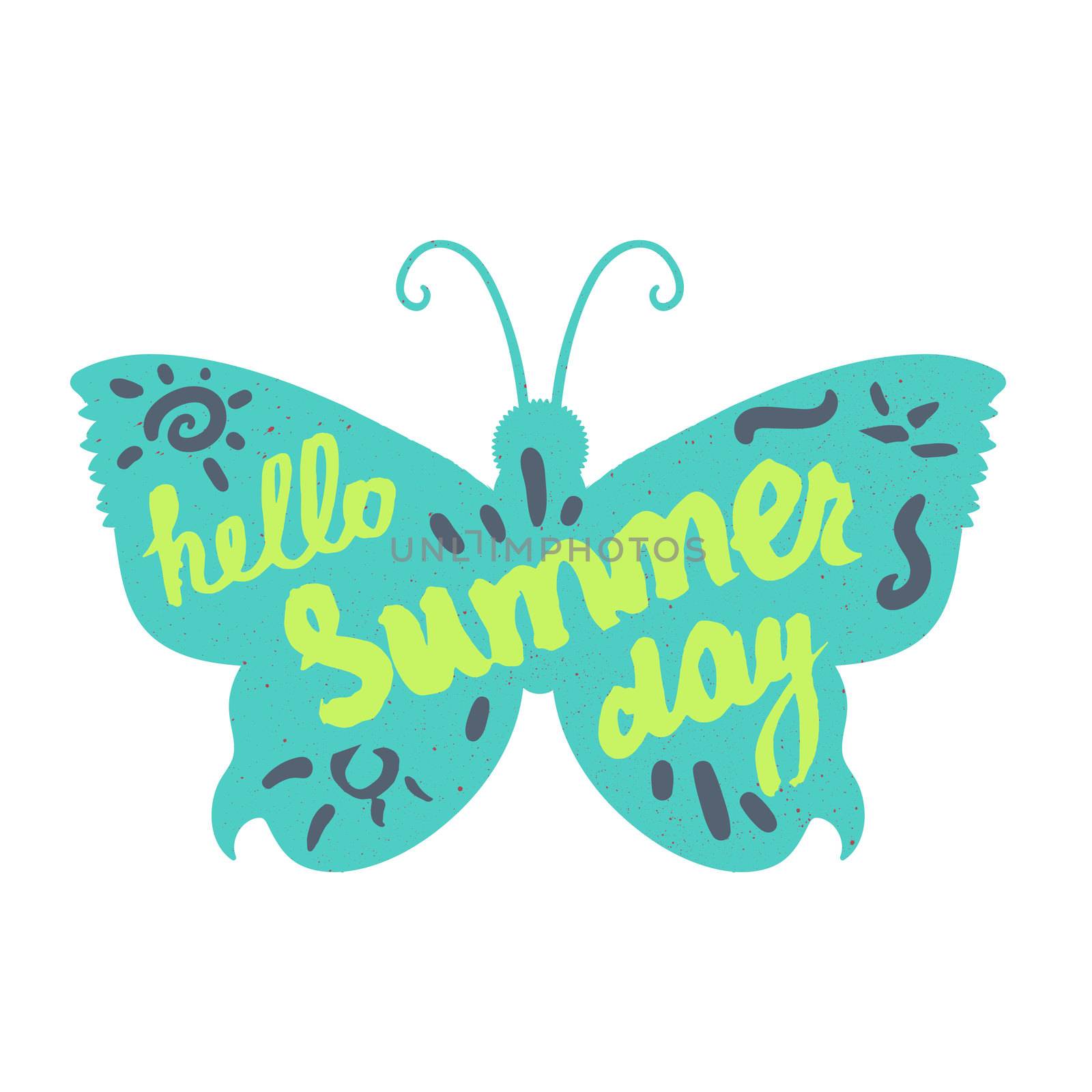 Hello Summer Day Lettering by brush. Typographic vacation and travel vintage poster with bright butterfly. Vector