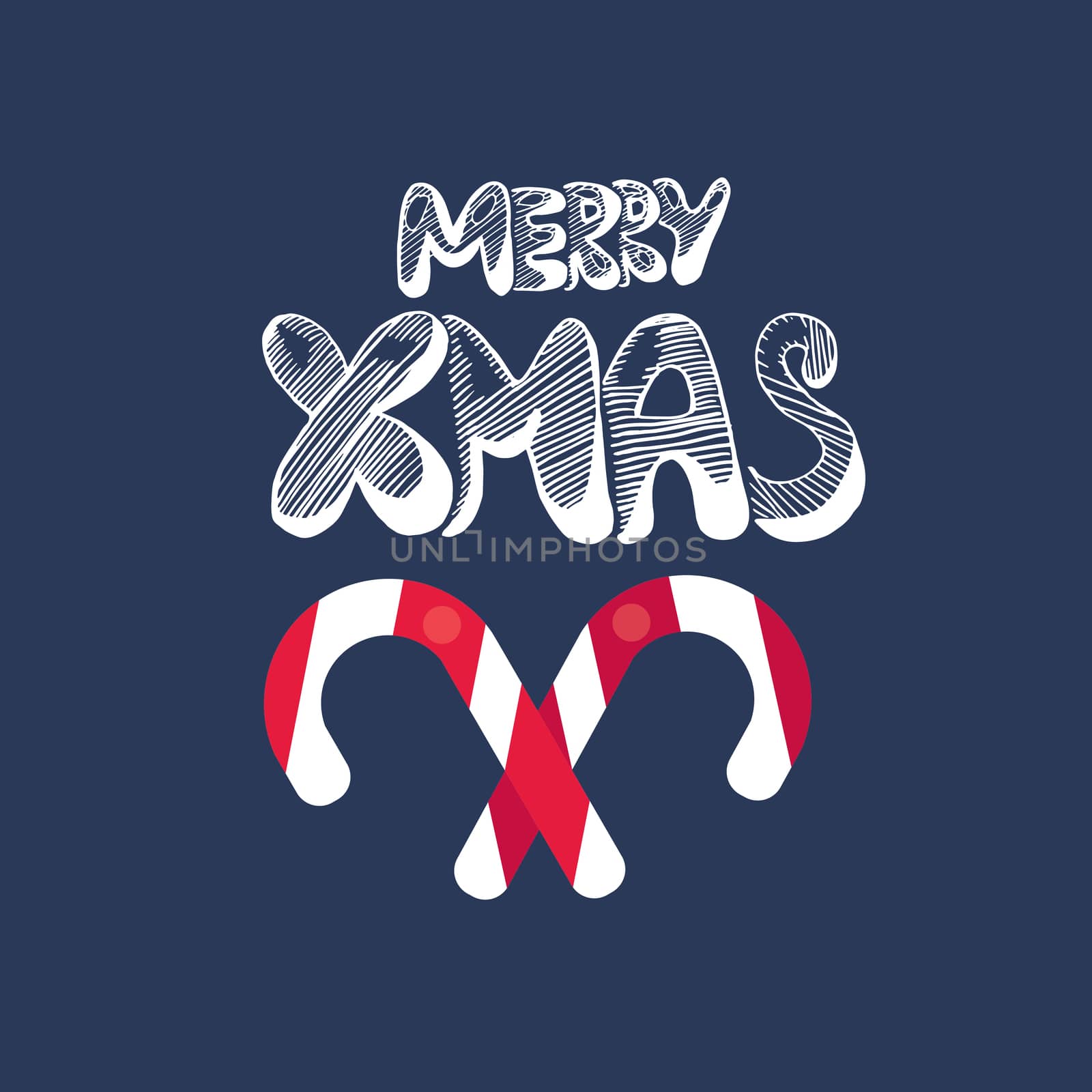 Merry Christmas Hand Drawn Lettering with caramel stick illustration. Xmas Design Label Elements for holiday invitation, greeting, card and headline, title, sticker, emblem, print, magnet. Vector