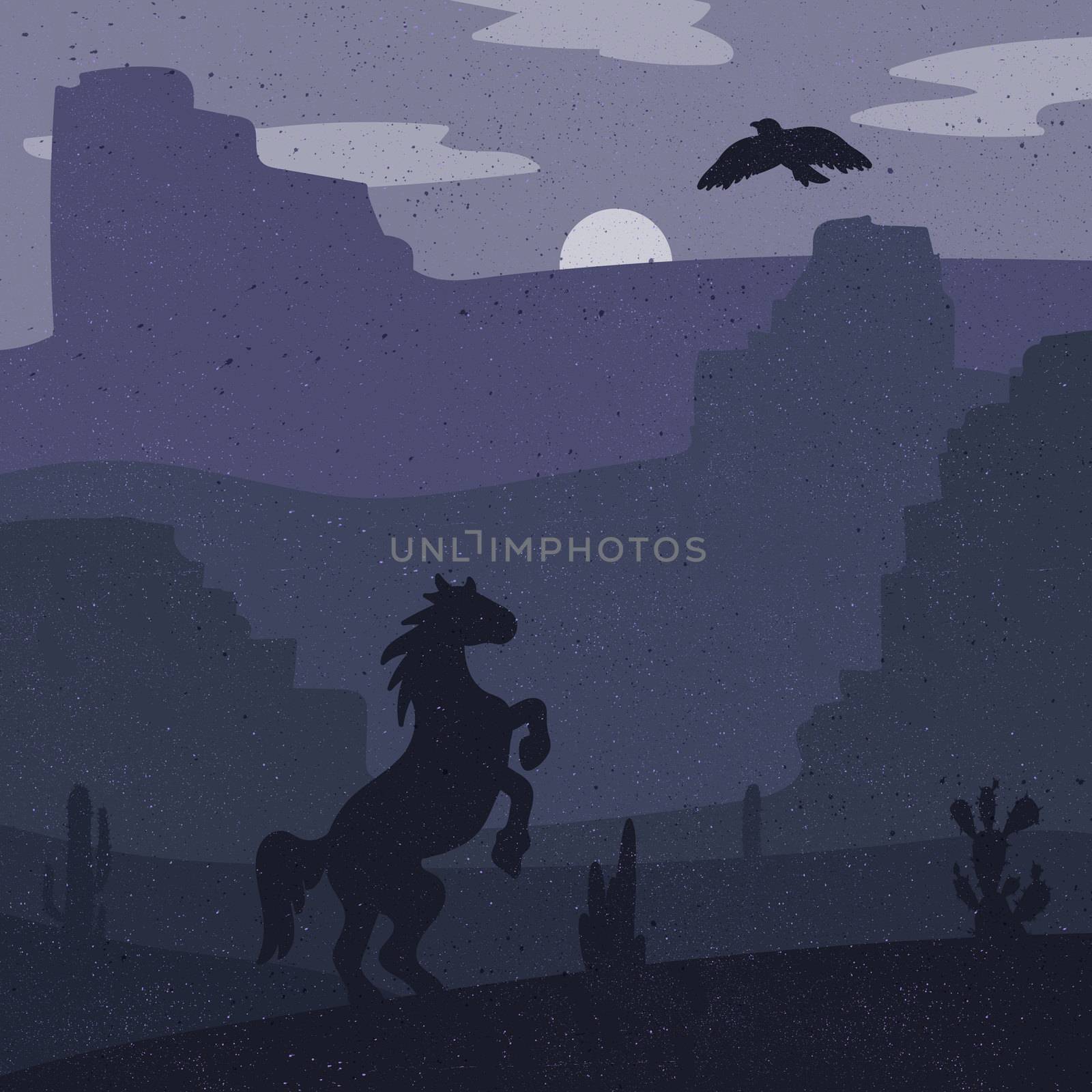 Retro Wild West galloping horse in desert. Vintage sunset in prairie with mustang, cacti and eagle in sky. Grunge old texture. Natural Landscape for print, poster, illustration, sticker. Vector