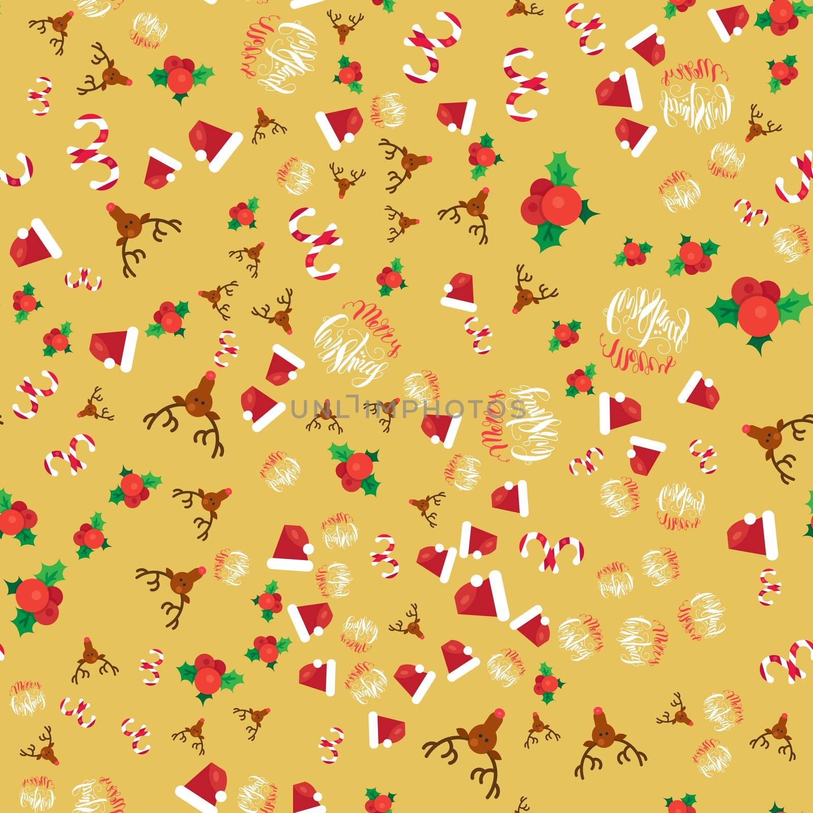 Merry Christmas Seamless Pattern With Hand Drawn Lettering, Happy Xmas Deer, Santa Claus Hat, Holly berries, Caramel Wand. Design Elements for invitation, greeting, card and sticker, print. Vector