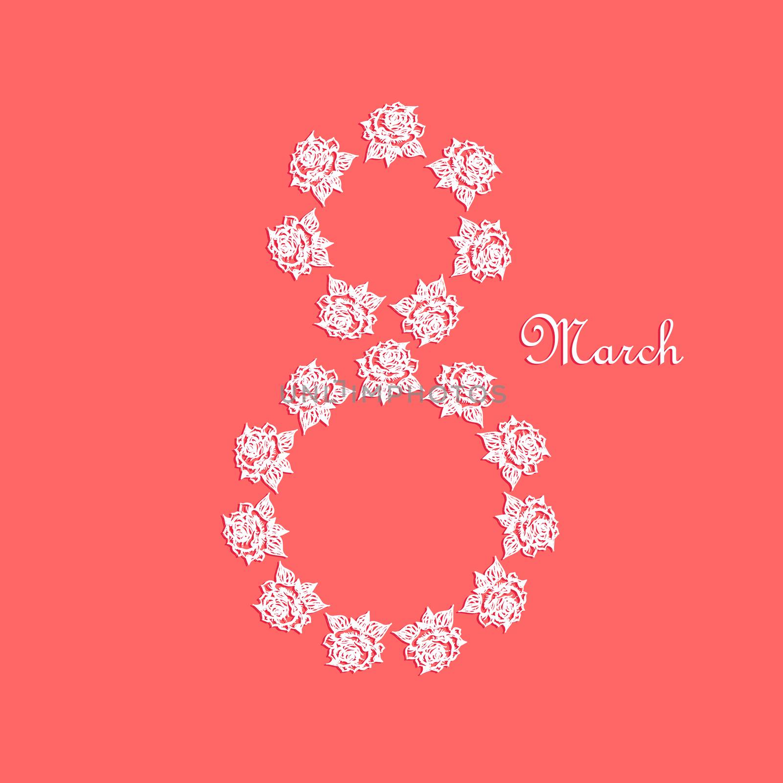 International Women's Day greeting card template with rose. 8 March Poster design for print, web, fabric, celebration. Vector