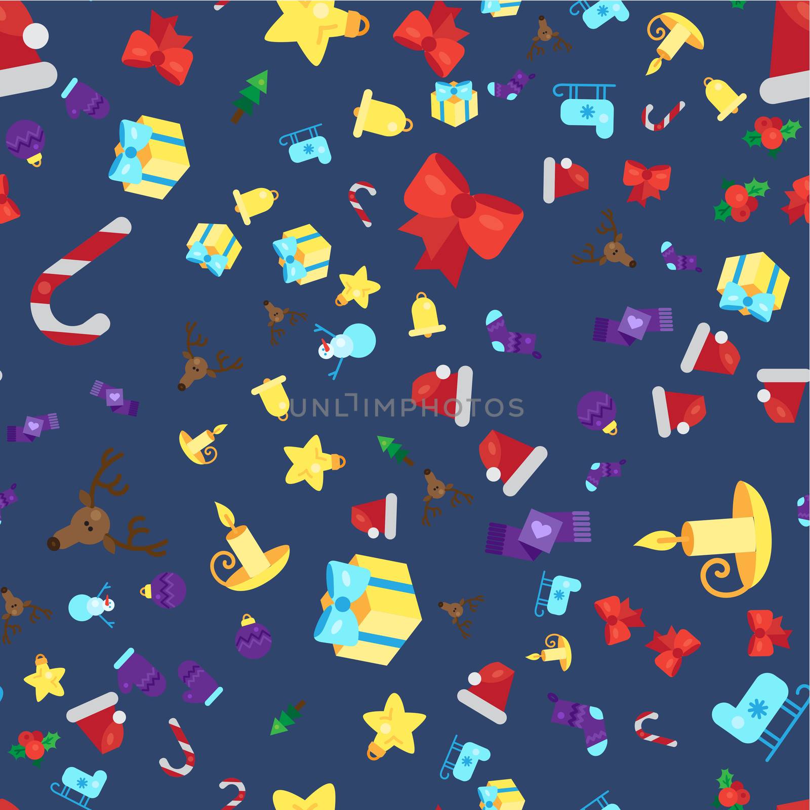 Merry Christmas Seamless Pattern With Gift, Happy Xmas Deer, Santa Claus Hat, Holly berries, Caramel Wand. Design Background Elements for invitation, greeting, card and sticker, print. Vector