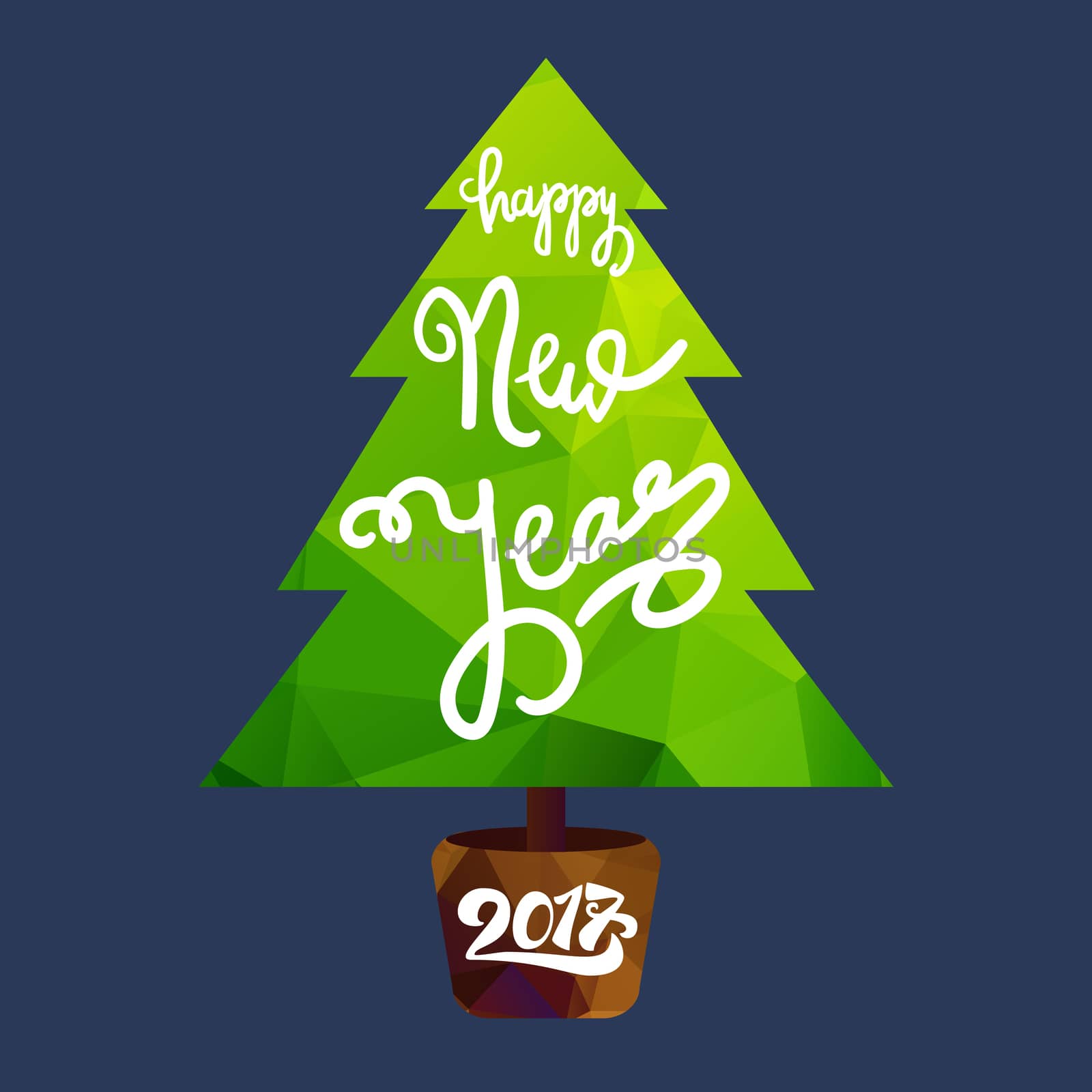 Happy New 2017 Year Lettering in Christmas tree. Winter holiday illustration. Xmas Design Label Elements for invitation, greeting, card and headline, title, sticker, emblem, print, magnet. Vector