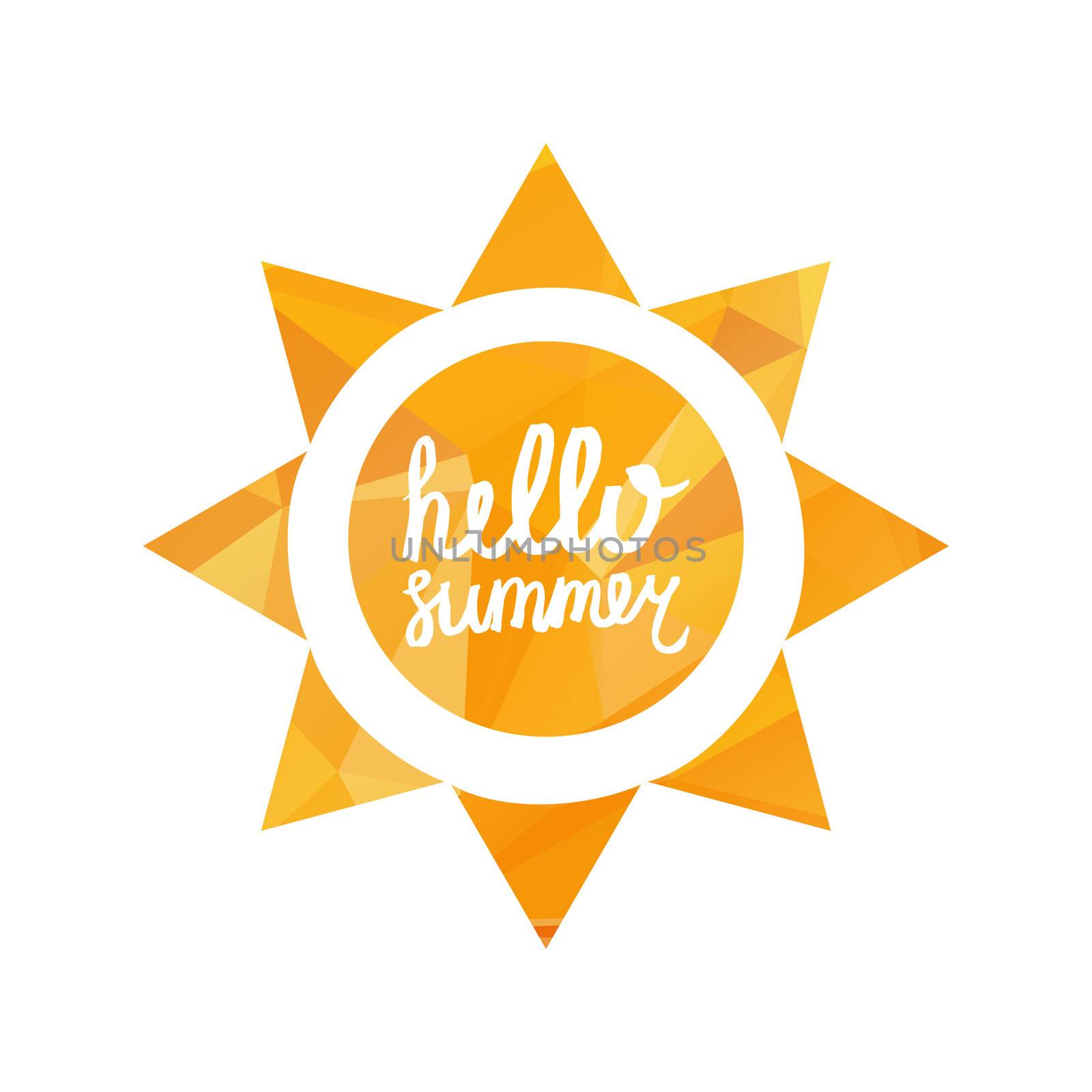 Hello Summer Lettering by brush. Typographic vacation and travel hand drawn poster with yellow sun bright background. Vector