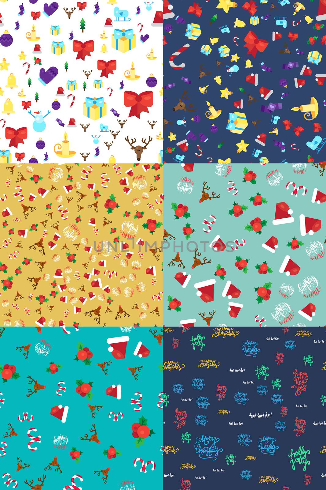 Merry Christmas Seamless Patterns Set. Happy Xmas Deer, Santa Claus Hat, Holly berries, Caramel Wand. Design Elements for invitation, greeting, card and sticker, print, wrap. Vector