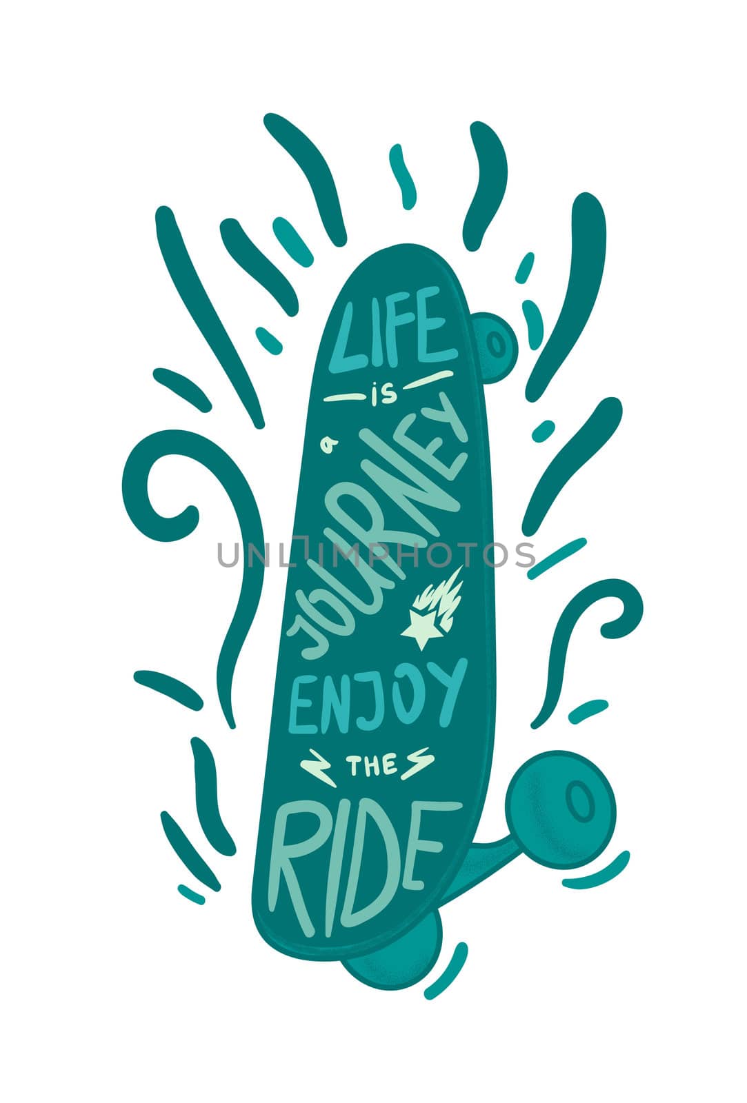 Inspirational turquoise vintage lettering inscribed in skateboard for print, t-shirt, poster, sport and travel emblems, logo. Retro motivational longboard design element. Vector