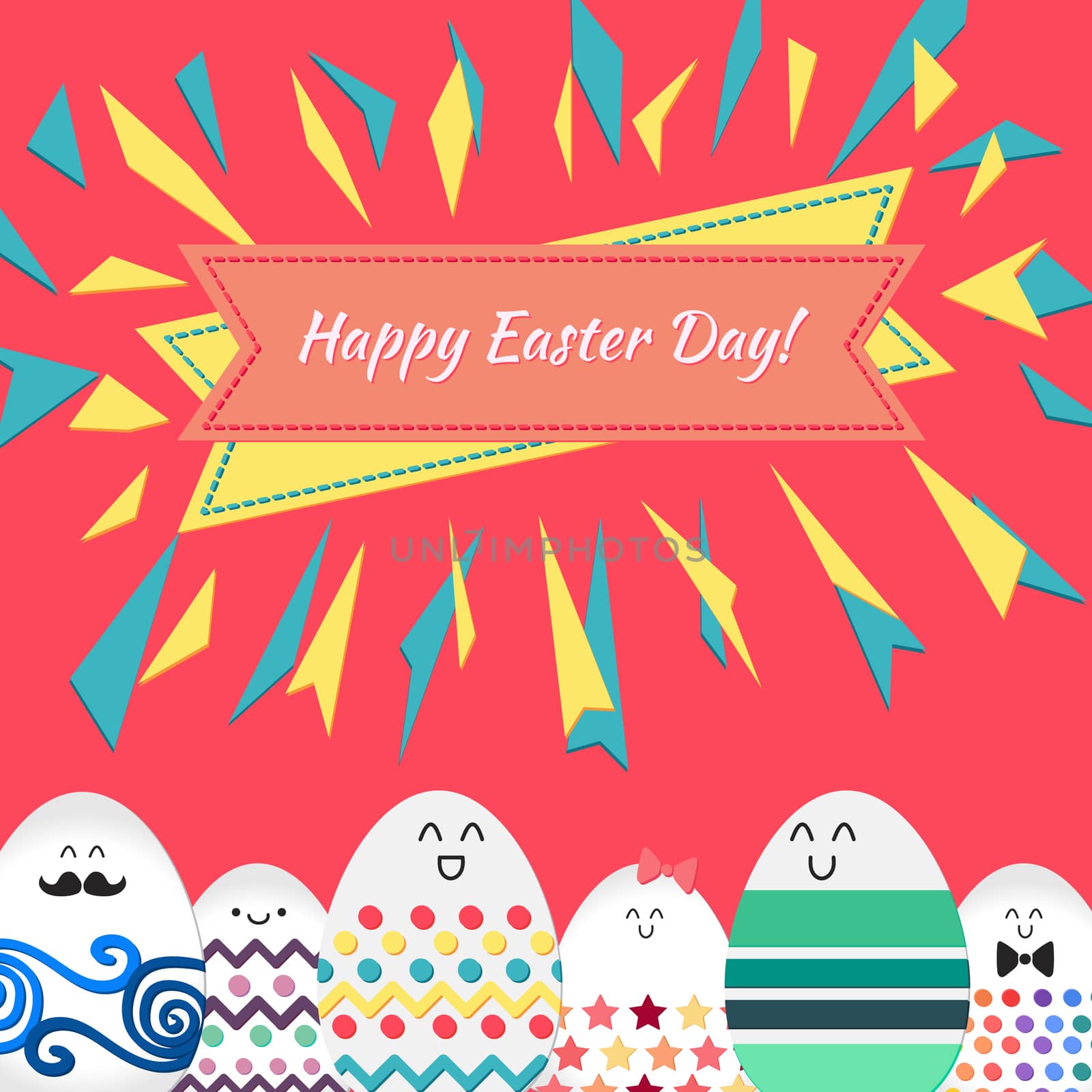 Happy easter with happy dancing, stanging and sitting eggs banner for print, wrap, fabric, greeting card. Vector