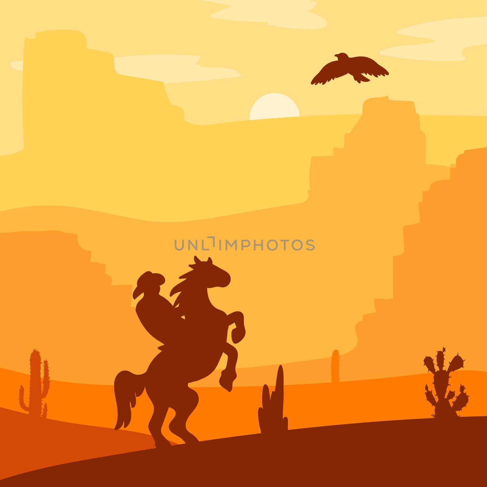 Retro Wild West Hero on galloping horse in desert. Vintage sunset in prairie with cowboy, cacti and eagle in sky. Grunge old texture. Natural Landscape for print, poster, illustration, sticker. Vector