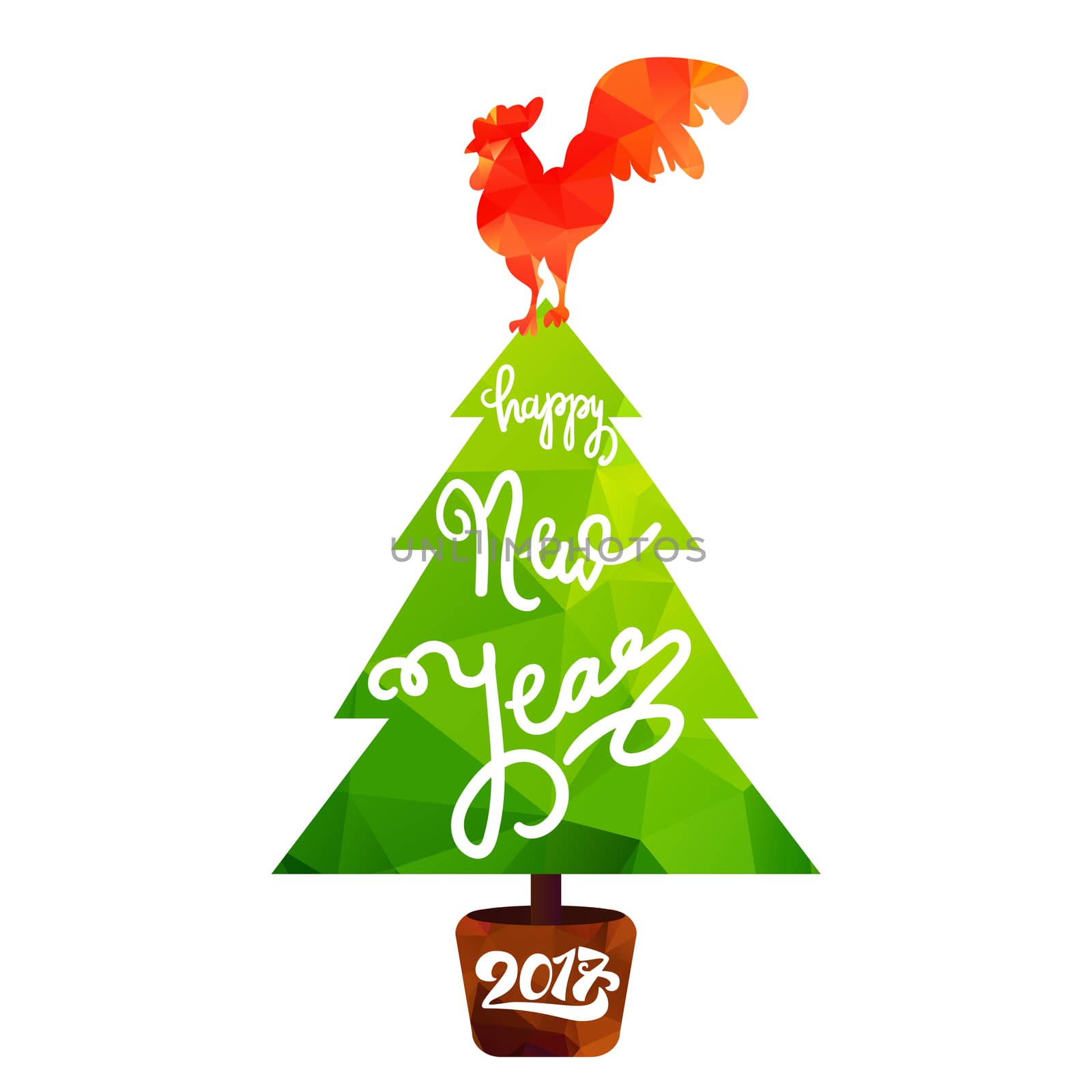 Happy New 2017 Year Lettering in Christmas Tree With Cock. Winter holiday illustration. Xmas Design Label Elements for invitation, greeting card and title, sticker, emblem, print, magnet. Vector
