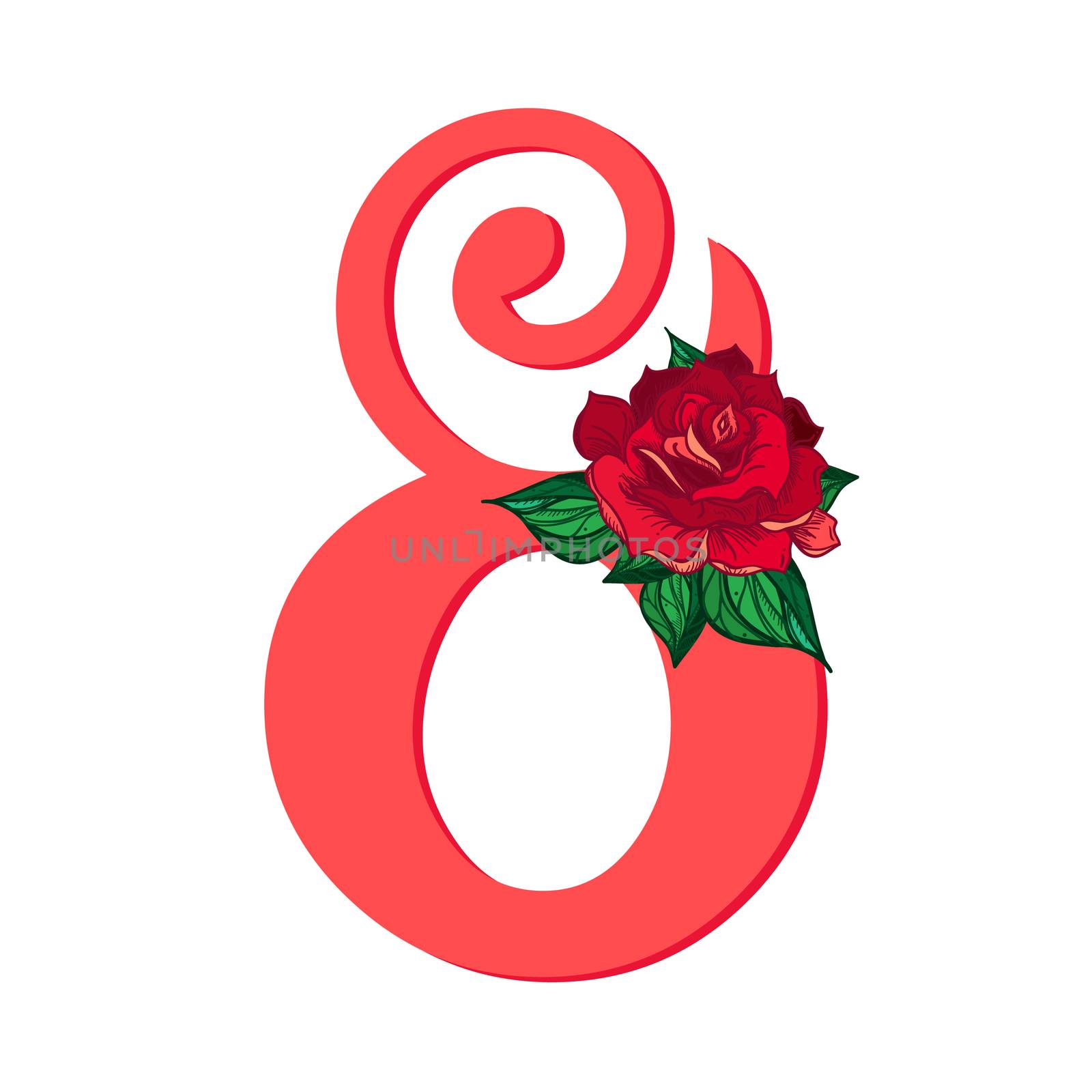 International Women's Day greeting card template with rose. 8 March Poster design for print, web, fabric, celebration. Vector