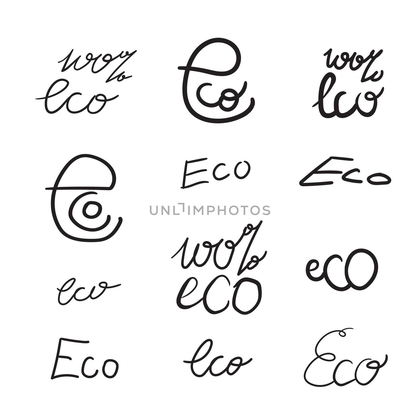 Hand drawn ecology and 100 percents natural lettering. Isolated grunge sticker or nature icon of quality for banner, web, card, print. Eco design. Vector