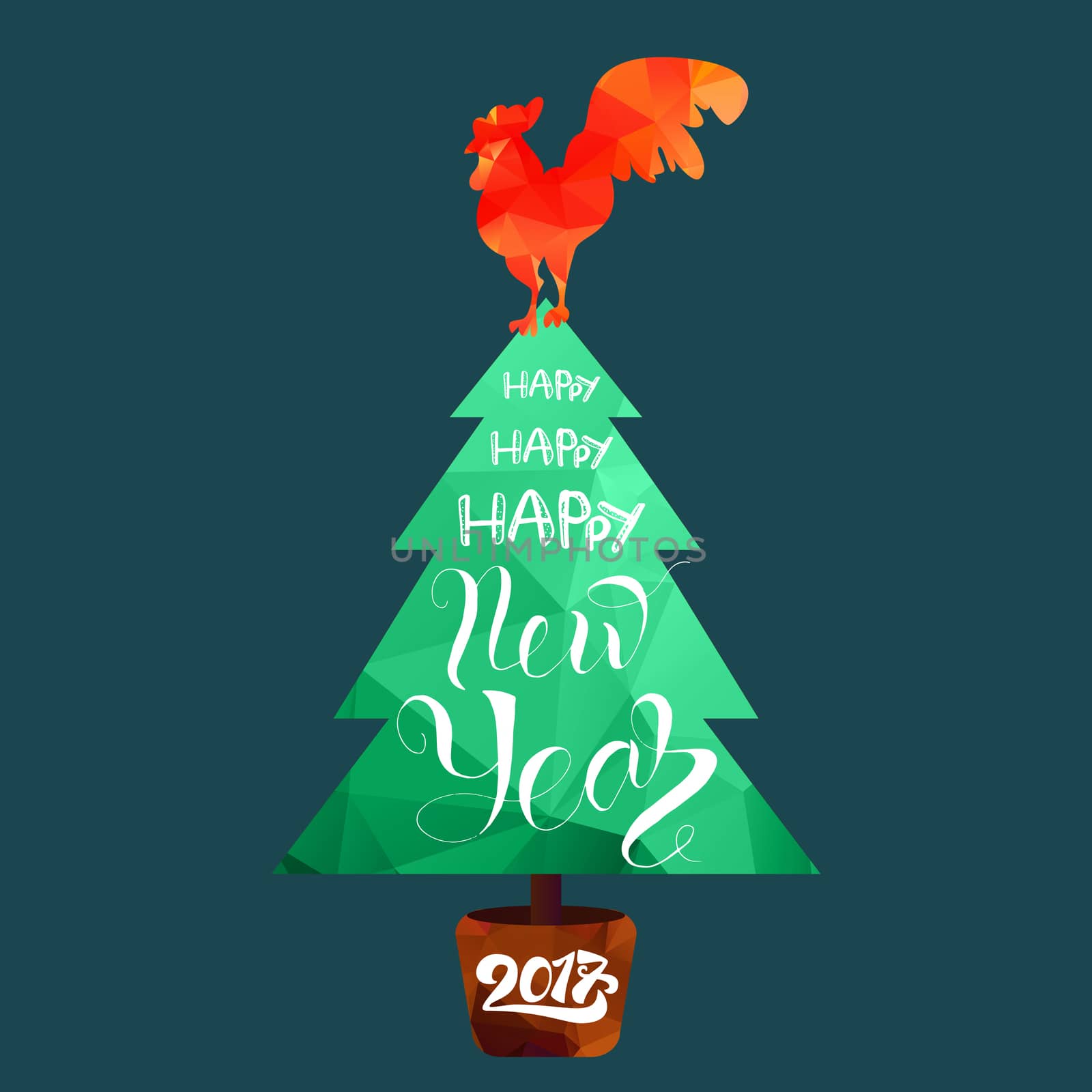 Happy New 2017 Year Lettering in Christmas Tree With Cock. Winter holiday illustration. Xmas Design Label Elements for invitation, greeting card and title, sticker, emblem, print, magnet. Vector