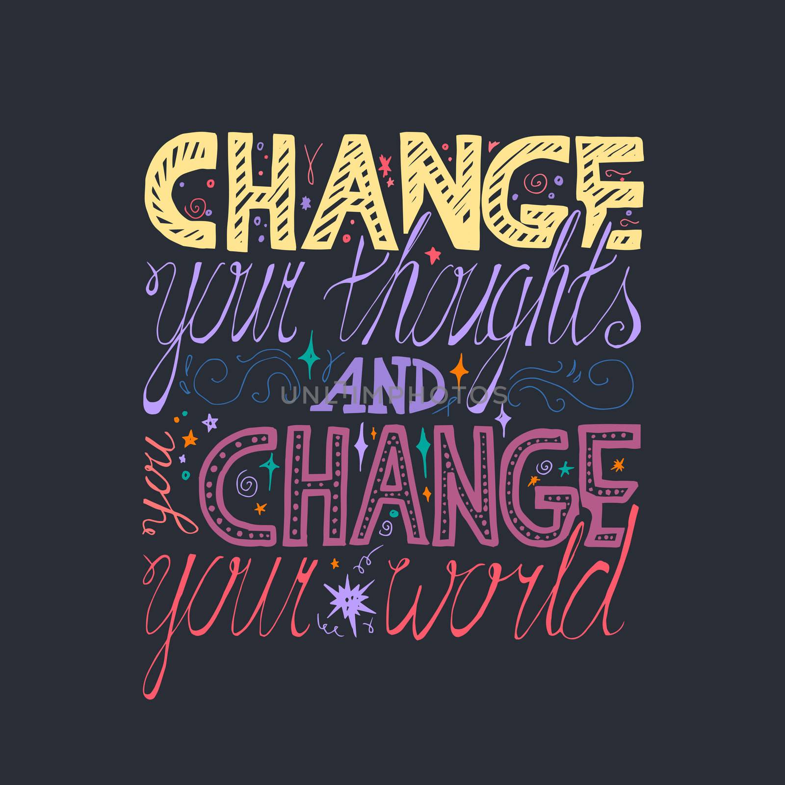 Lettering motivation poster. Quote about dream and believe for fabric, print, decor, greeting card. Change your thoughts and you change your world. Vector