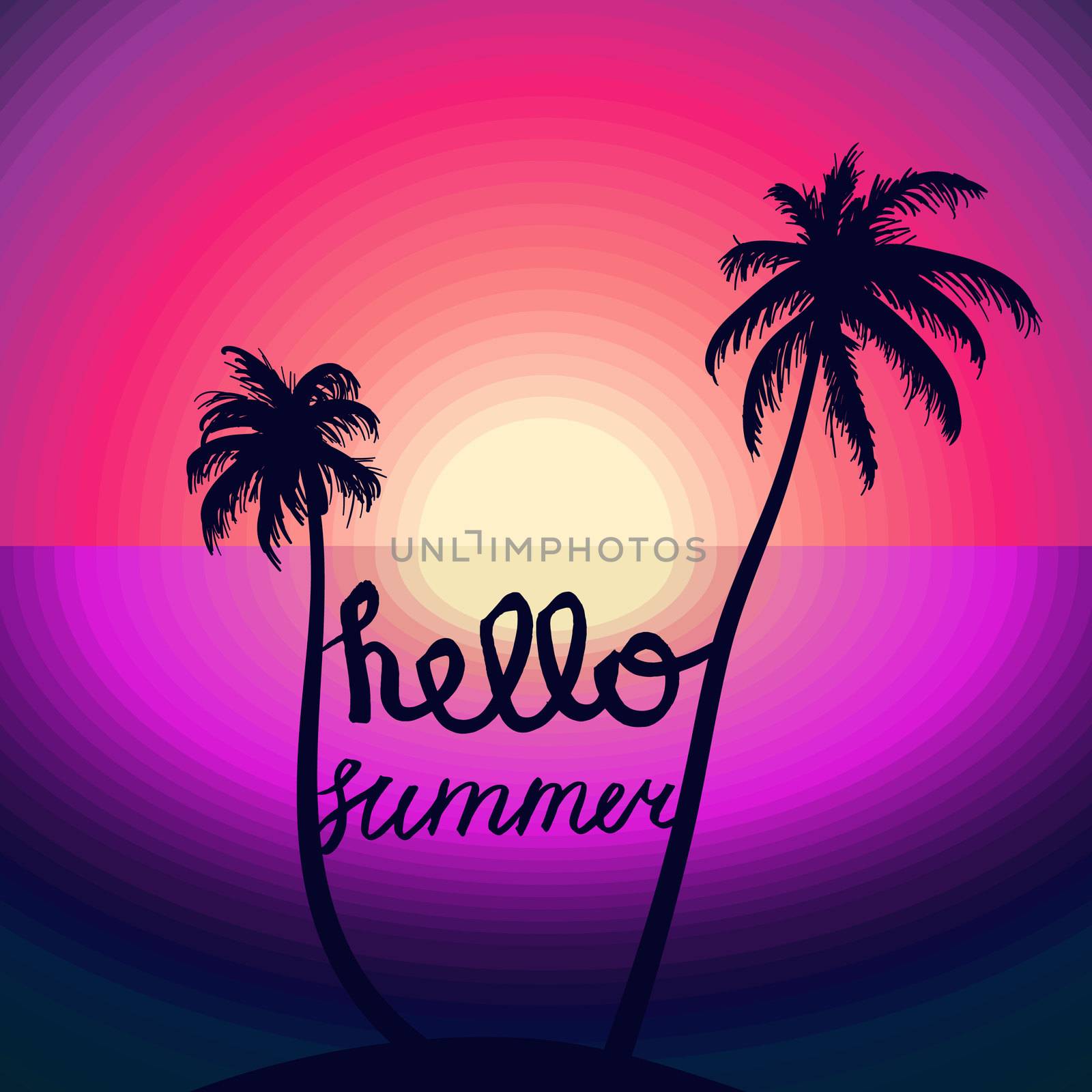 Hello Summer Lettering by brush. Typographic vacation and travel watercolor tropical poster with sunset bright background and palm exotic island. Vector