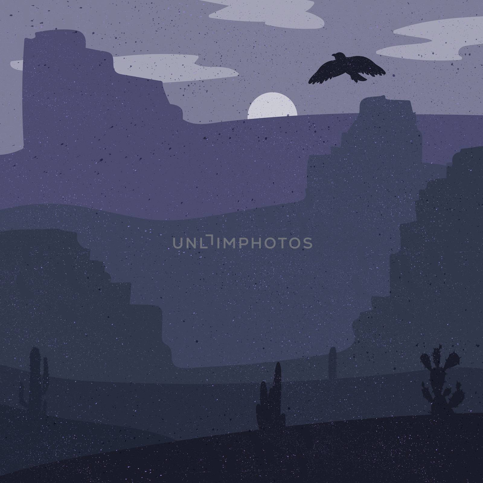 Night Retro Wild West Desert. Vintage moon in prairie with cacti and eagle in sky. Grunge old texture. Natural Landscape for print, poster, illustration, sticker. Vector