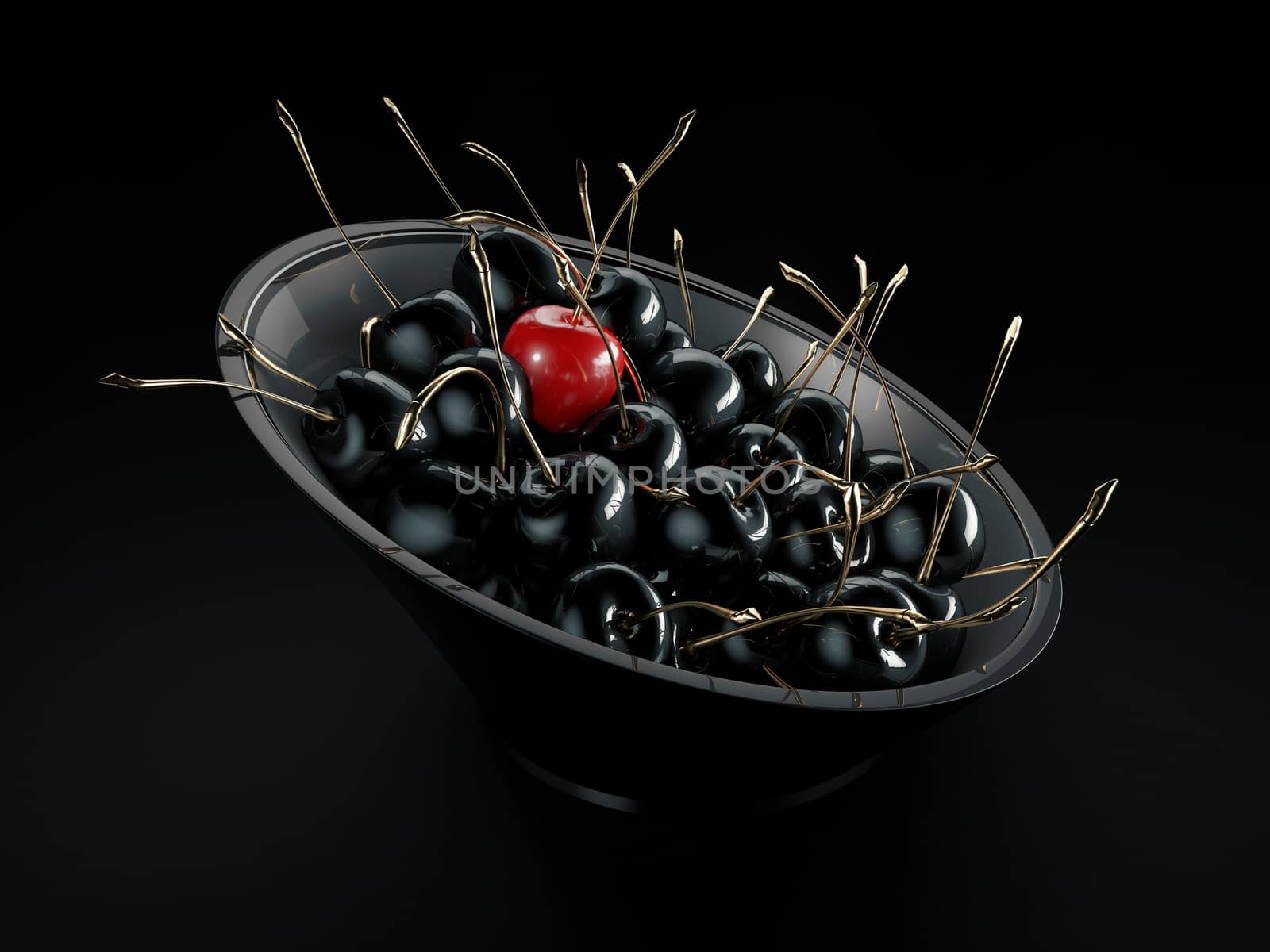 3d Rendering of Closeup of gold and black cherries in a deep plate. clipping path included.