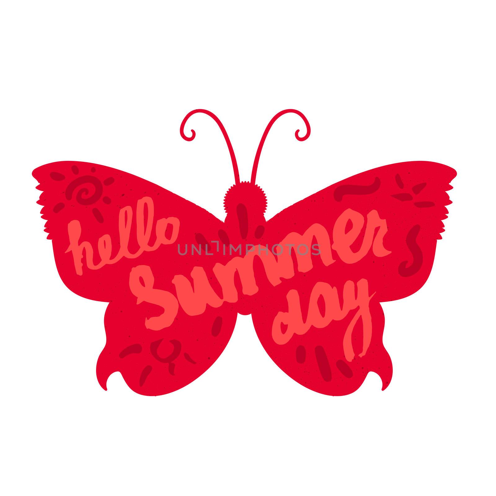 Hello Summer Day Lettering by brush. Typographic vacation and travel vintage poster with bright butterfly. Vector