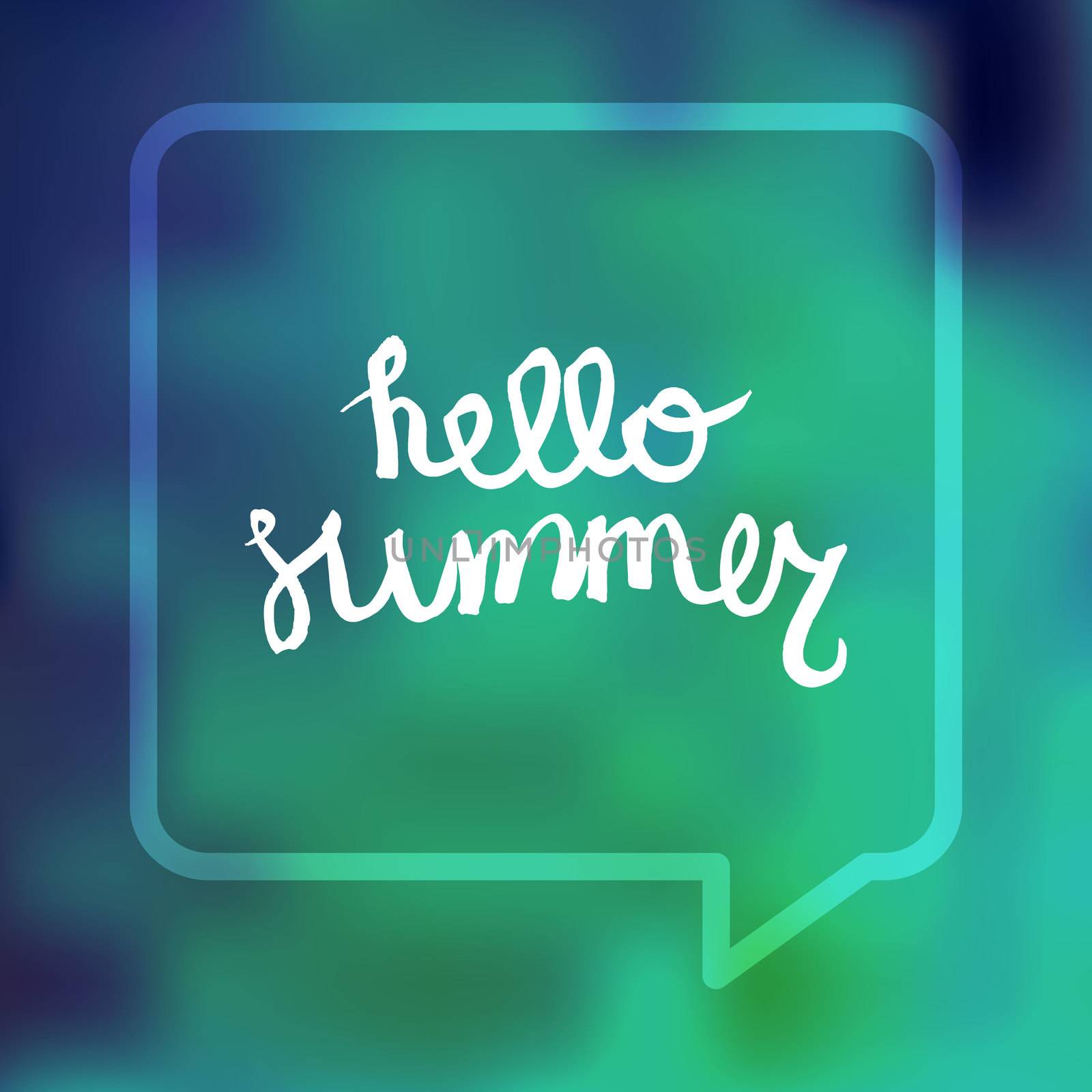 Hello Summer Lettering by brush. Typographic vacation and travel poster with water blurred bright background and bubble. Vector