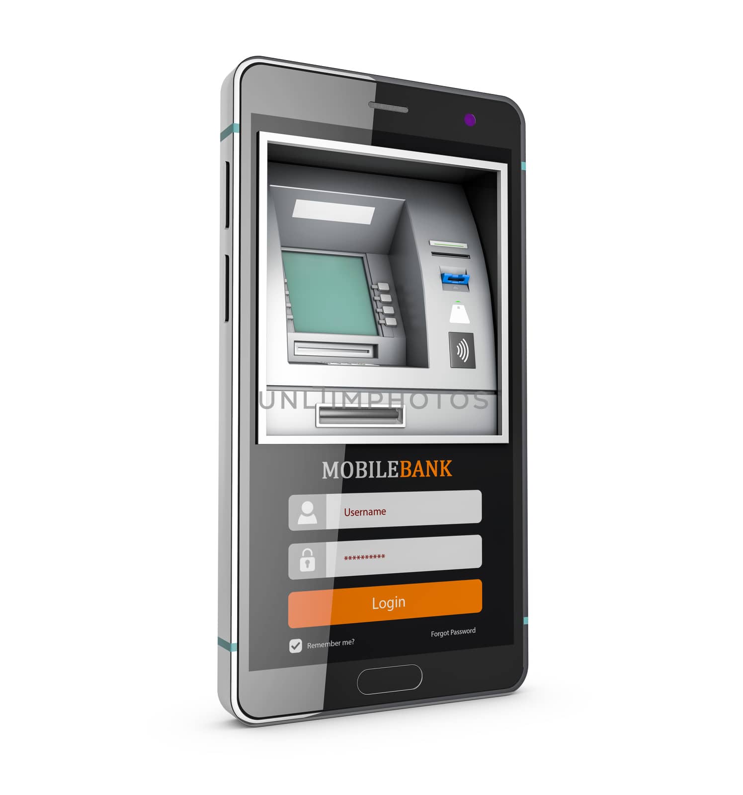 3d Rendering of Mobile online banking and payment concept. Smart phone as ATM.