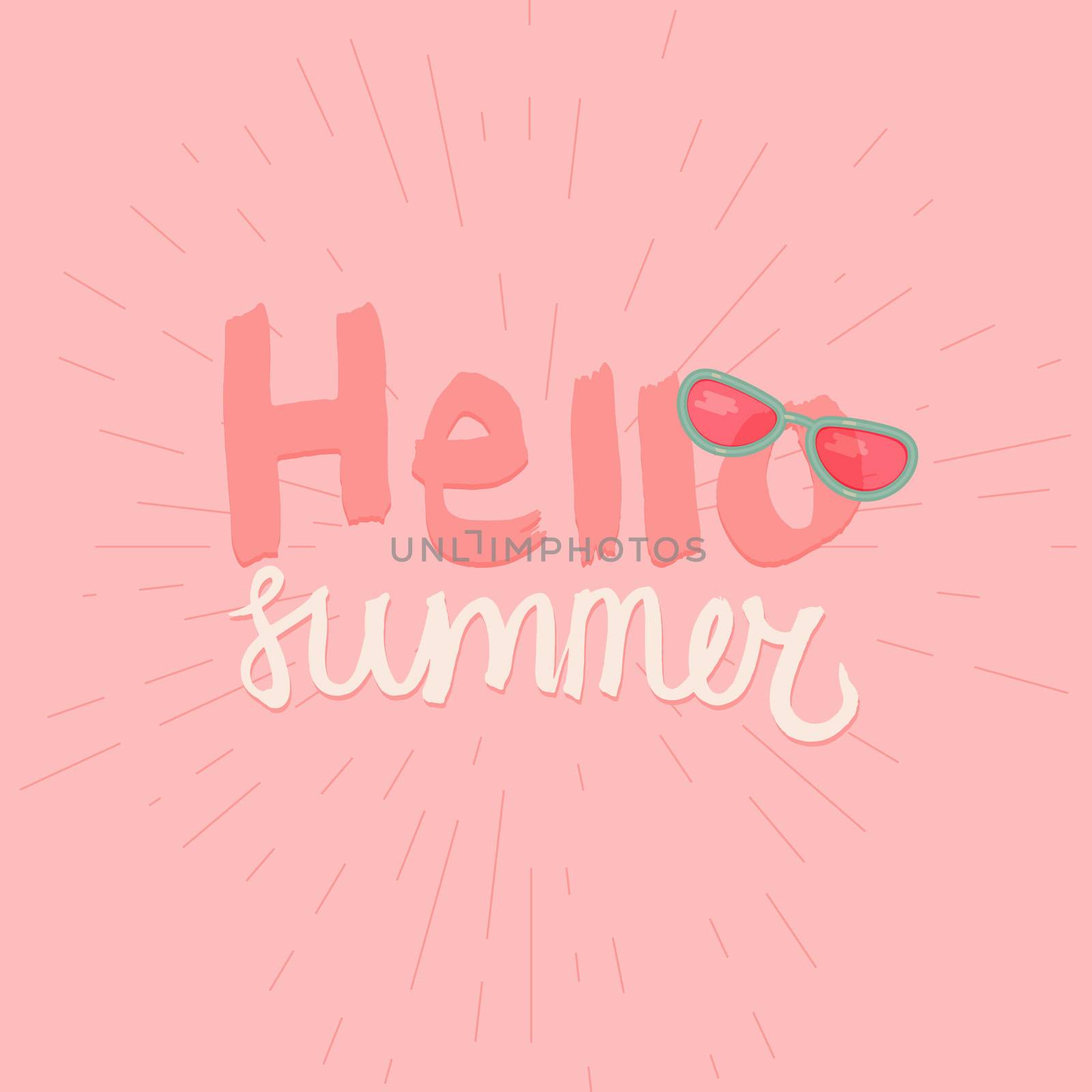 Hello Summer Lettering by brush. Typographic vacation and travel watercolor poster with cool sunglasses. Vector