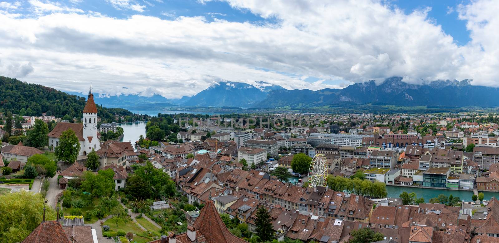 Panorama of Thun, Switzerland viewing Castles, Lakes, and the To by kingmaphotos