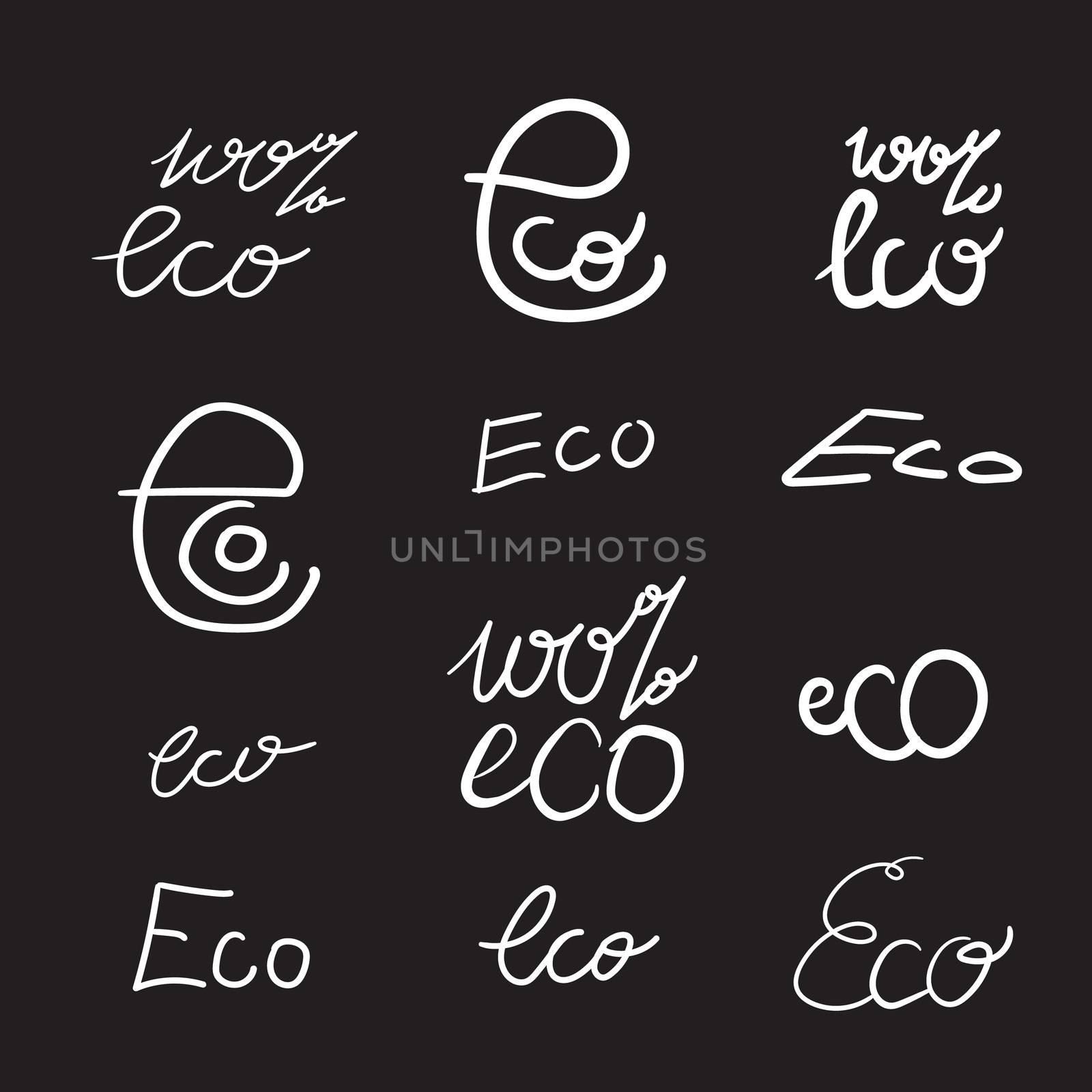Hand drawn ecology and 100 percents natural lettering. Isolated grunge sticker or nature icon of quality for banner, web, card, print. Eco design. Vector