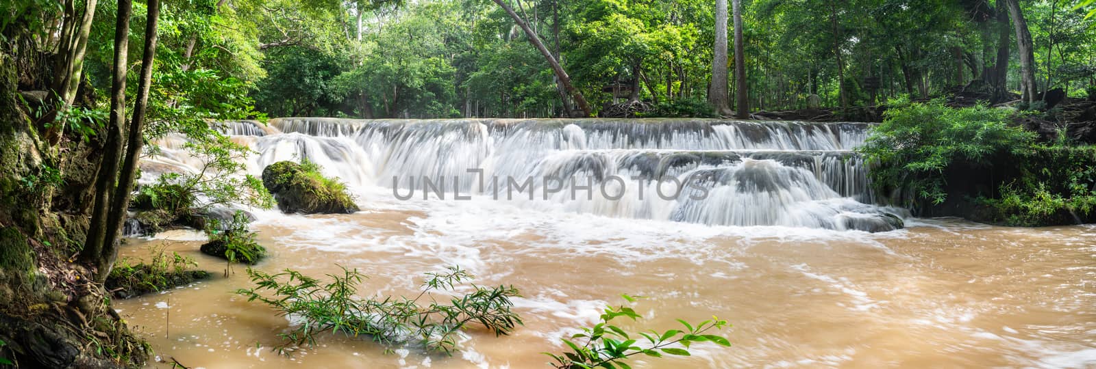 Panorama Waterfall in a forest on the mountain in tropical forest at National park Saraburi province, Thailand