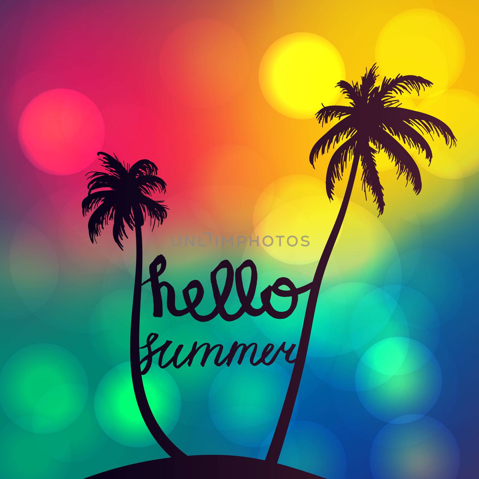 Hello Summer Lettering by brush. Typographic vacation and travel watercolor tropical poster with sunset bright background and palm exotic island. Vector