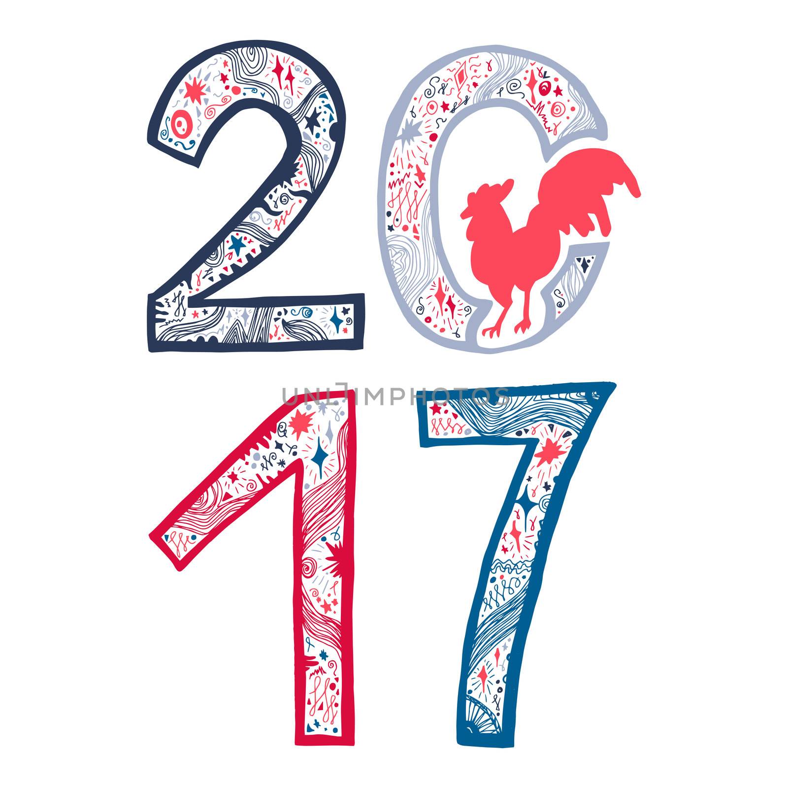 Lettering 2017 with cock for print, poster, sticker. Happy new year greeting card. Vector