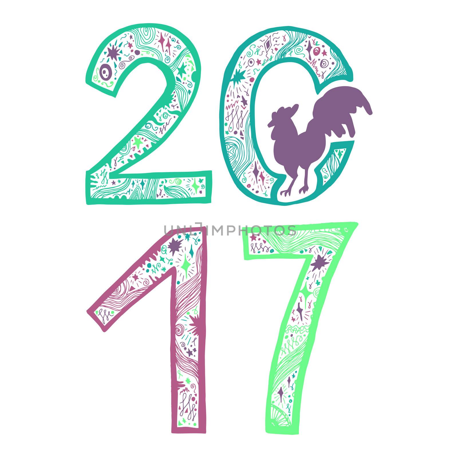 Lettering 2017 with cock for print, poster, sticker. Happy new year greeting card. Vector