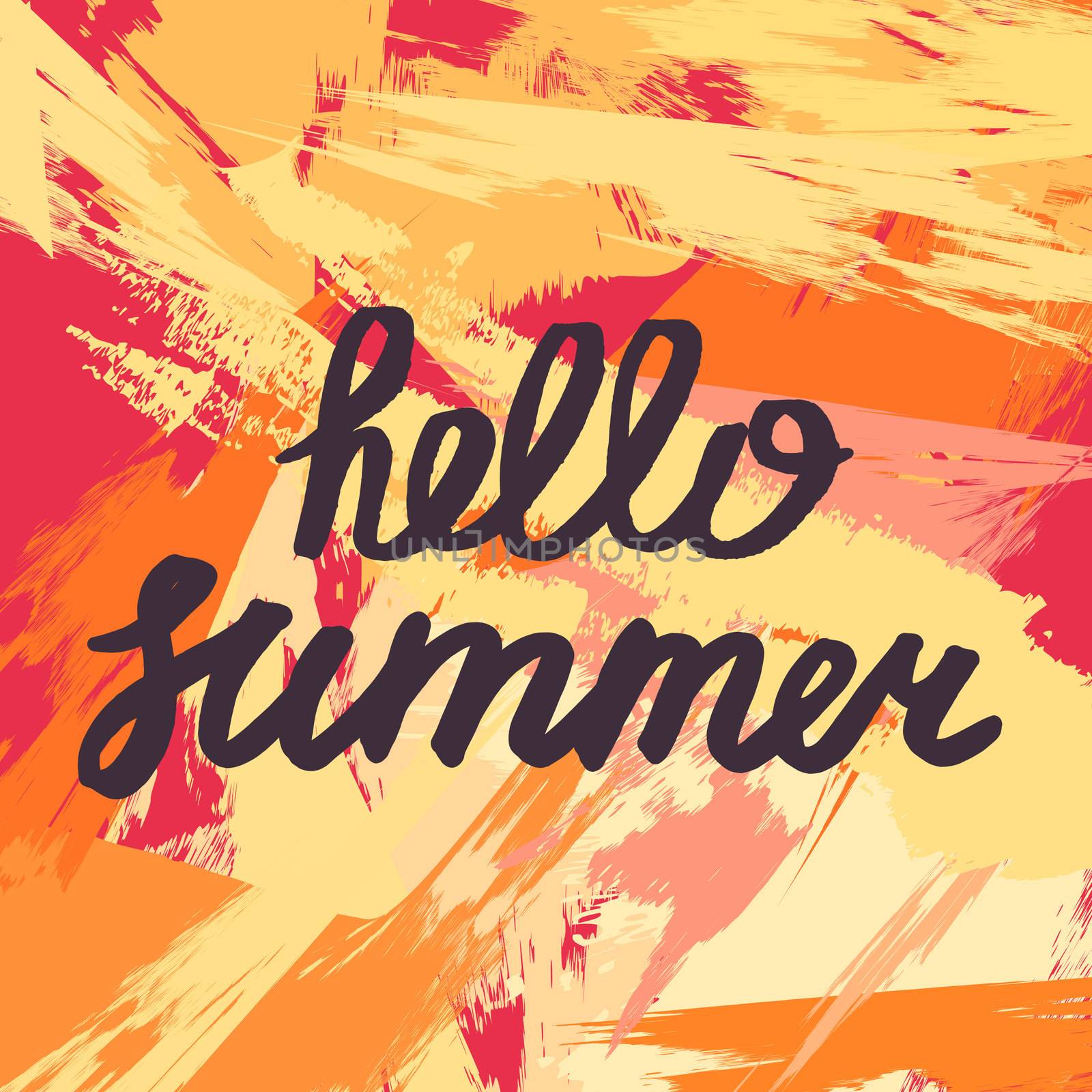 Hello Summer Lettering by brush. Typographic vacation and travel retro poster with grunge bright background. Vector