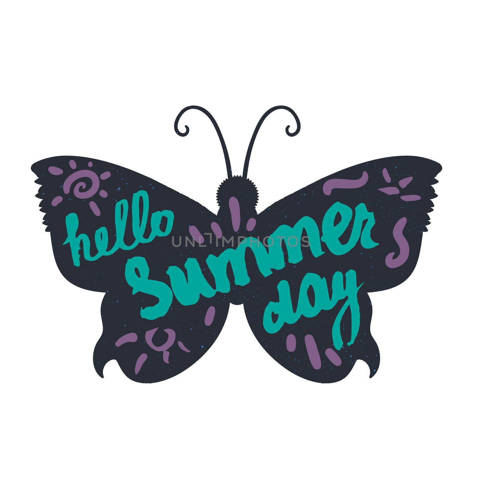 Hello Summer Day Lettering by brush. Typographic vacation and travel vintage poster with bright butterfly. Vector