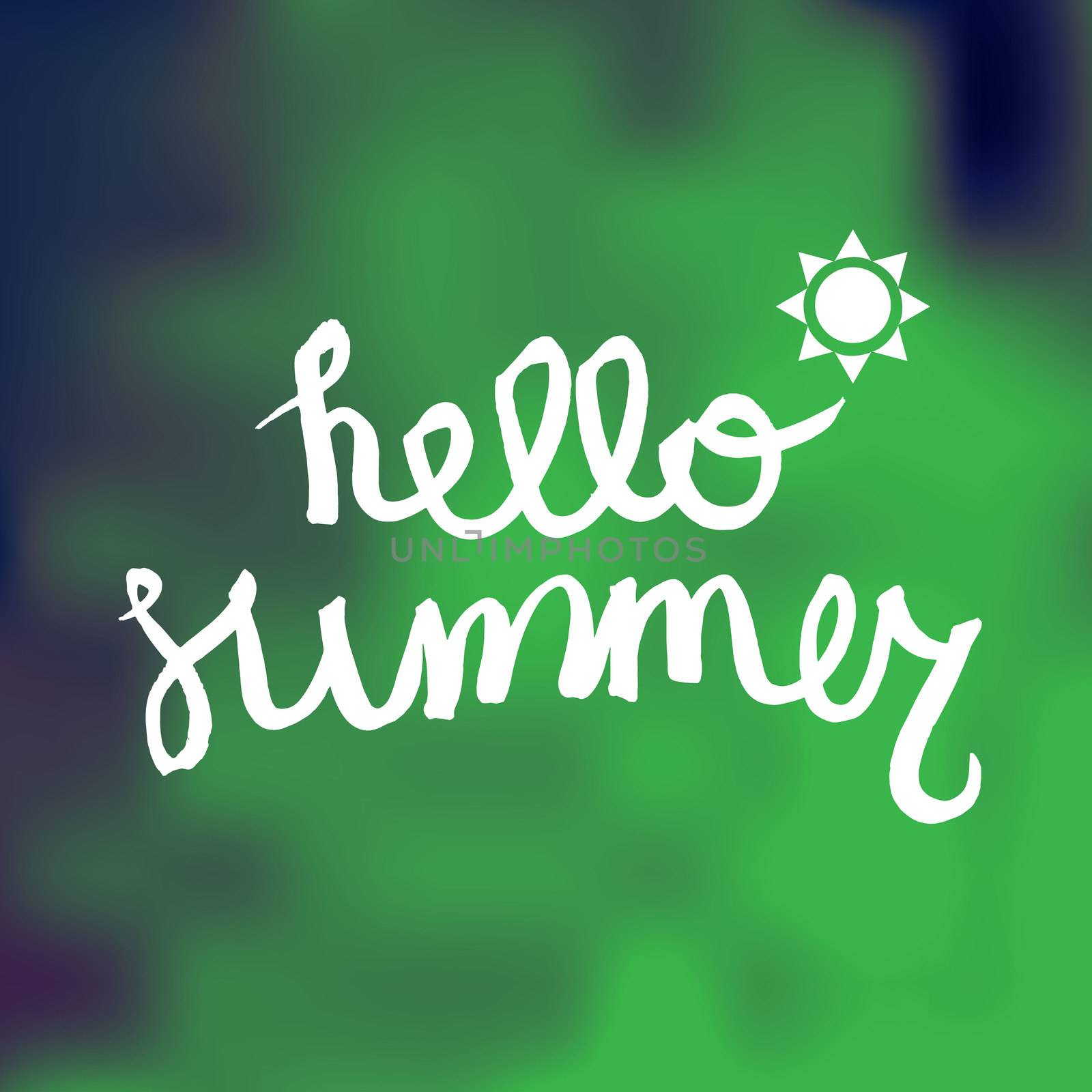 Hello Summer Lettering by brush. Typographic vacation and travel hand drawn poster with green bright background. Vector
