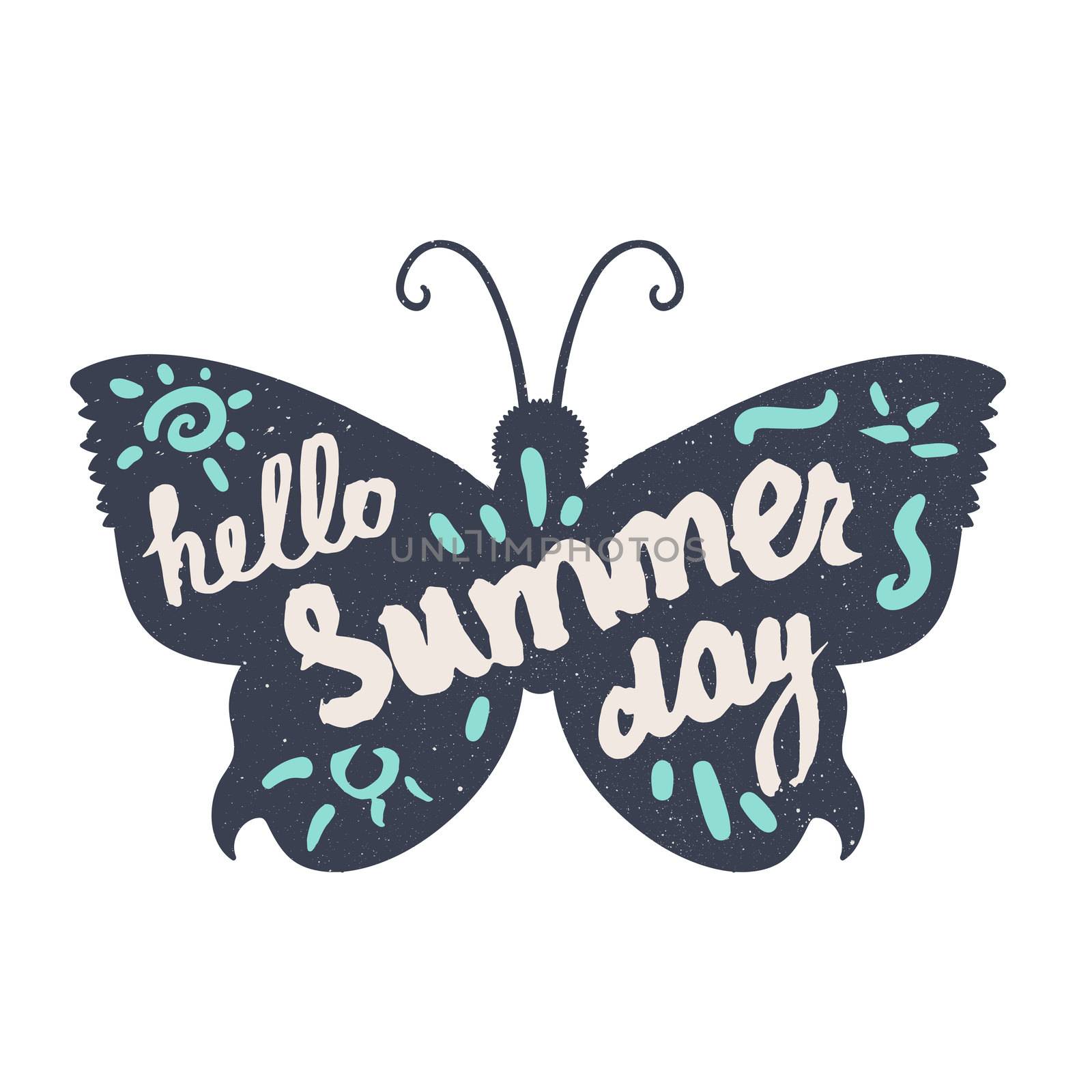 Hello Summer Day Lettering by brush. Typographic vacation and travel vintage poster with bright butterfly. Vector