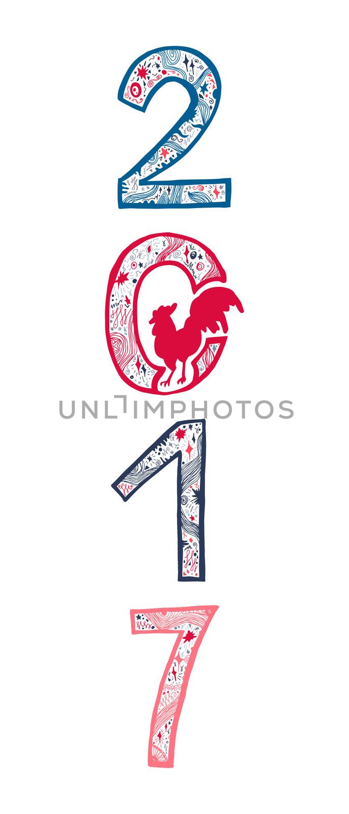Lettering 2017 with cock for print, poster, sticker. Happy new year greeting card. Vector