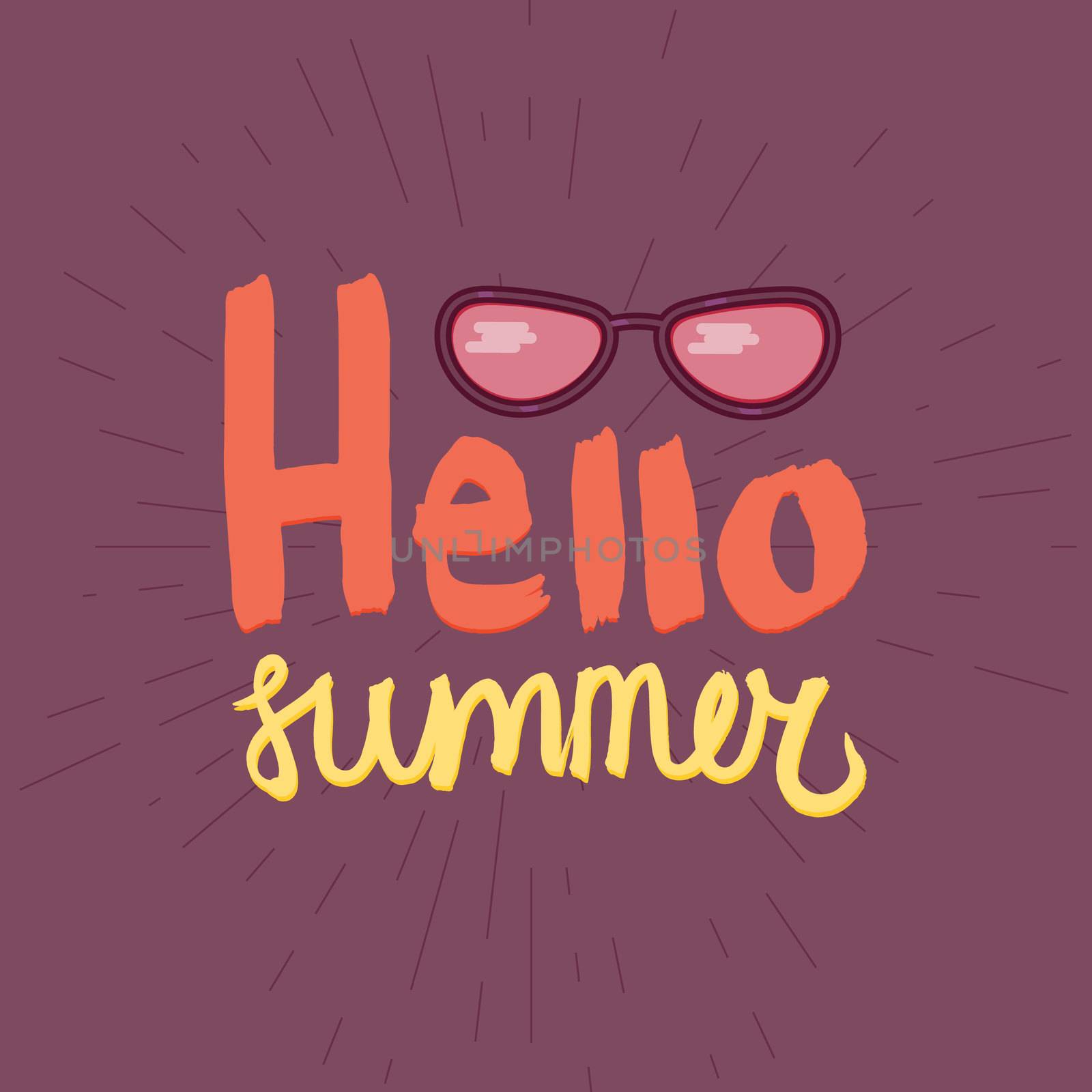 Hello Summer Lettering by brush. Typographic vacation and travel watercolor poster with cool sunglasses. Vector