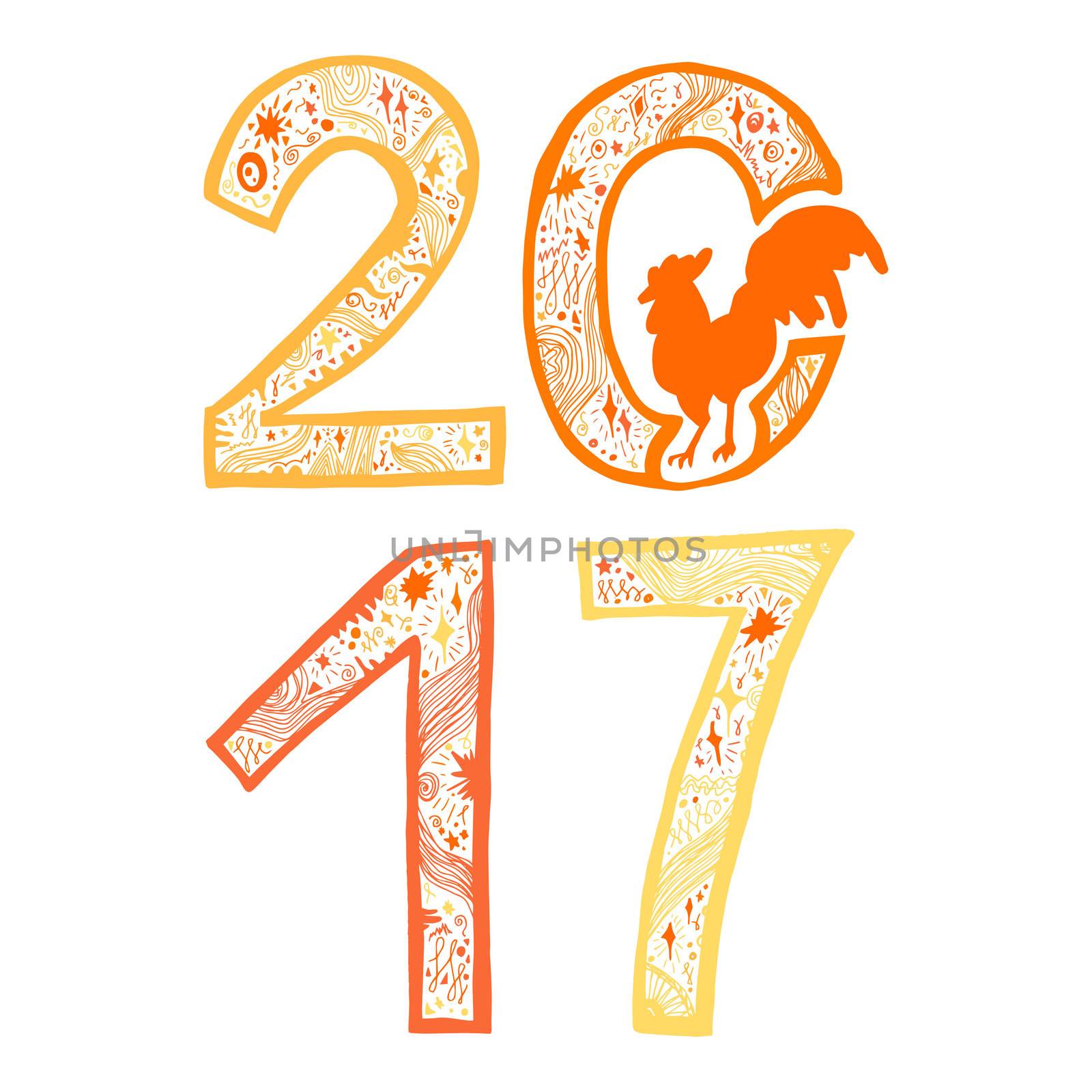 Lettering 2017 with cock for print, poster, sticker. Happy new year greeting card. Vector