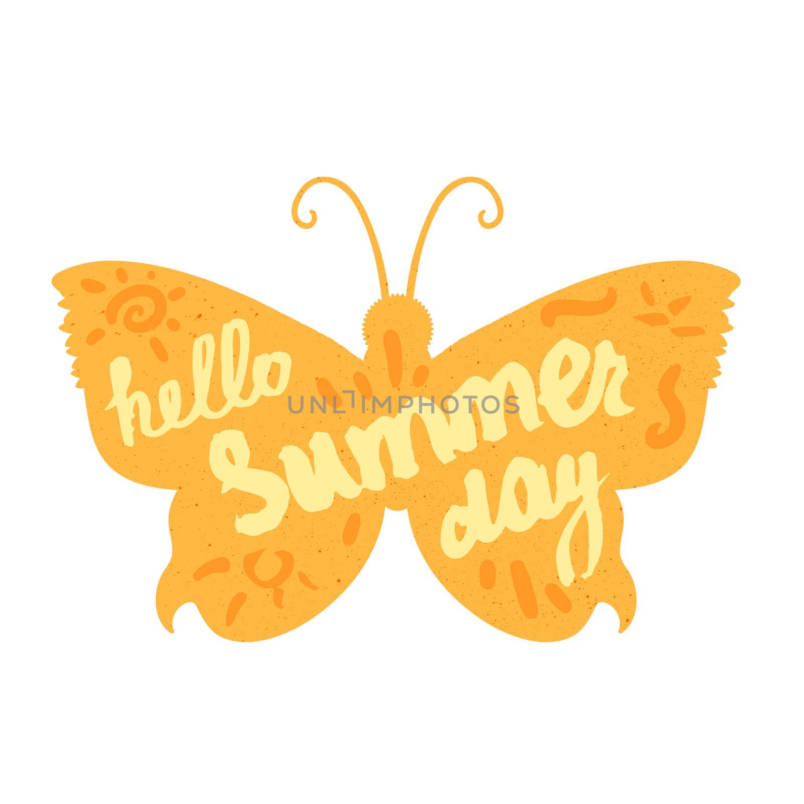 Hello Summer Lettering by brush. Typographic vacation and travel vintage poster with yellow bright butterfly. Vector