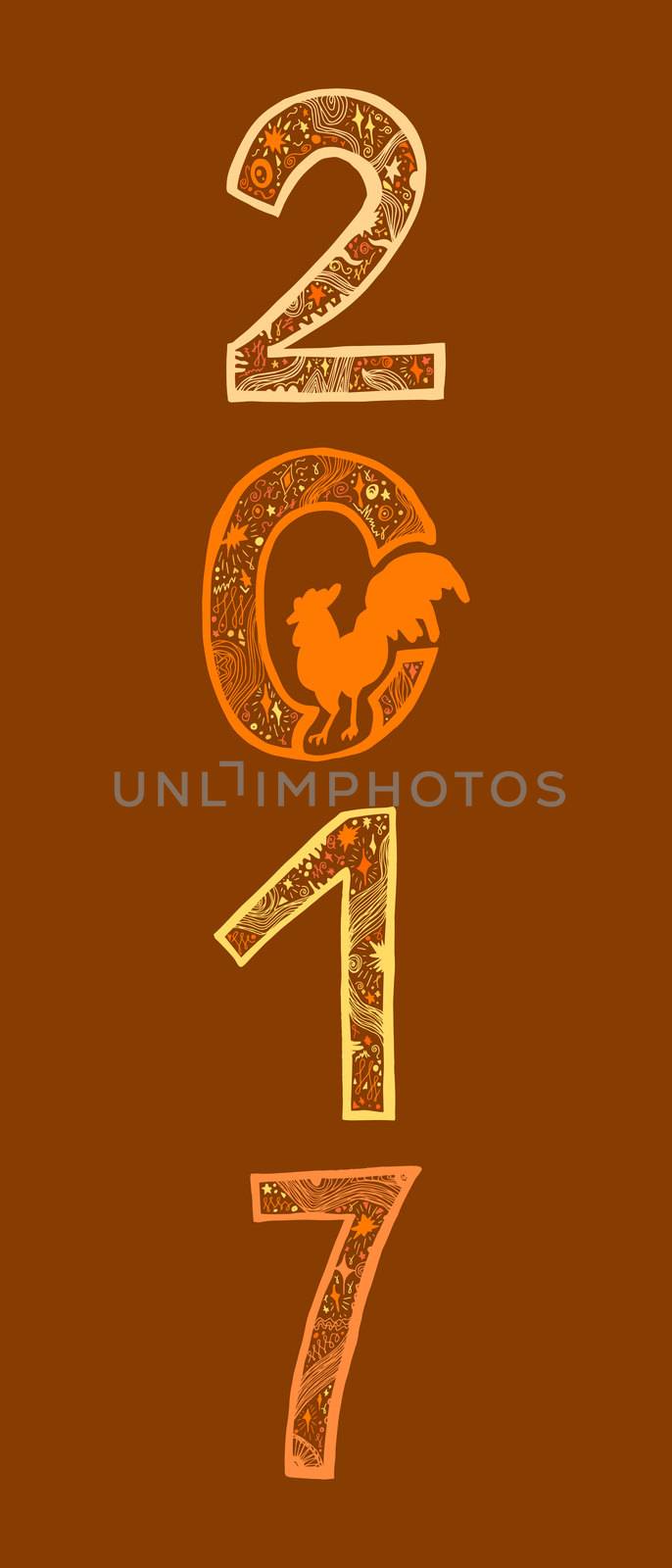 Lettering 2017 with cock for print, poster, sticker. Happy new year greeting card. Vector