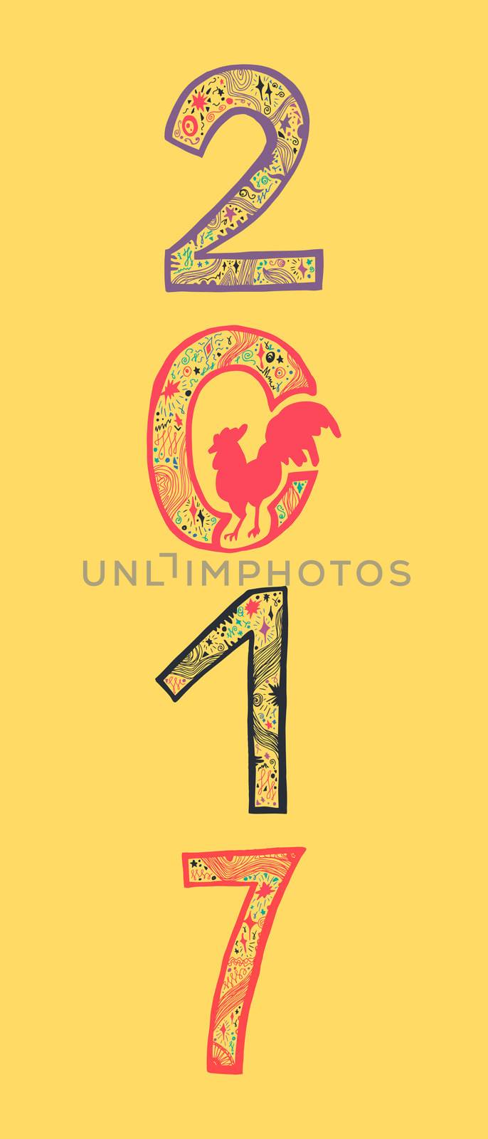 Lettering 2017 with cock for print, poster, sticker. Happy new year greeting card. Vector