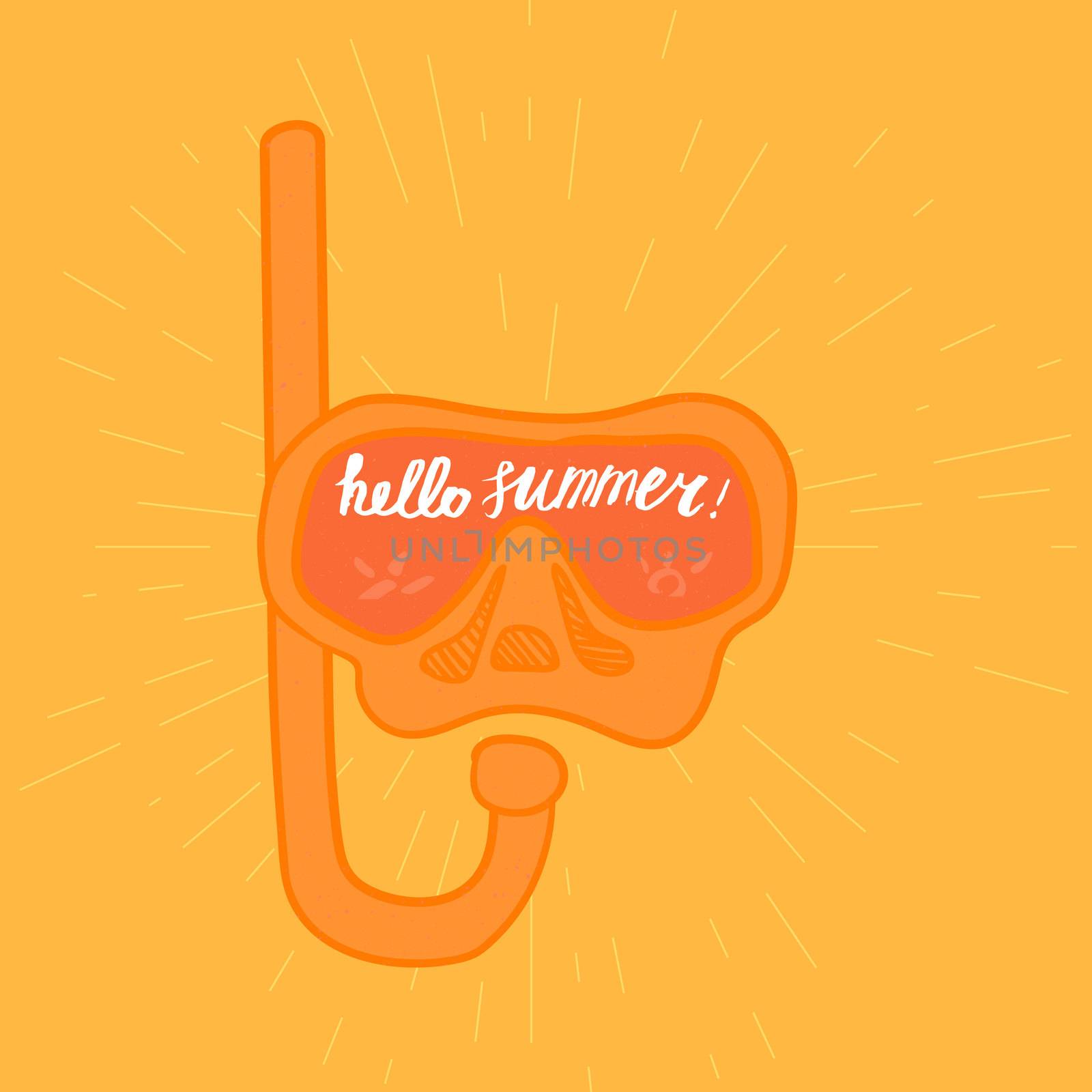 Hello Summer Lettering by brush. Typographic vacation and travel watercolor poster with diving underwater mask. Vector