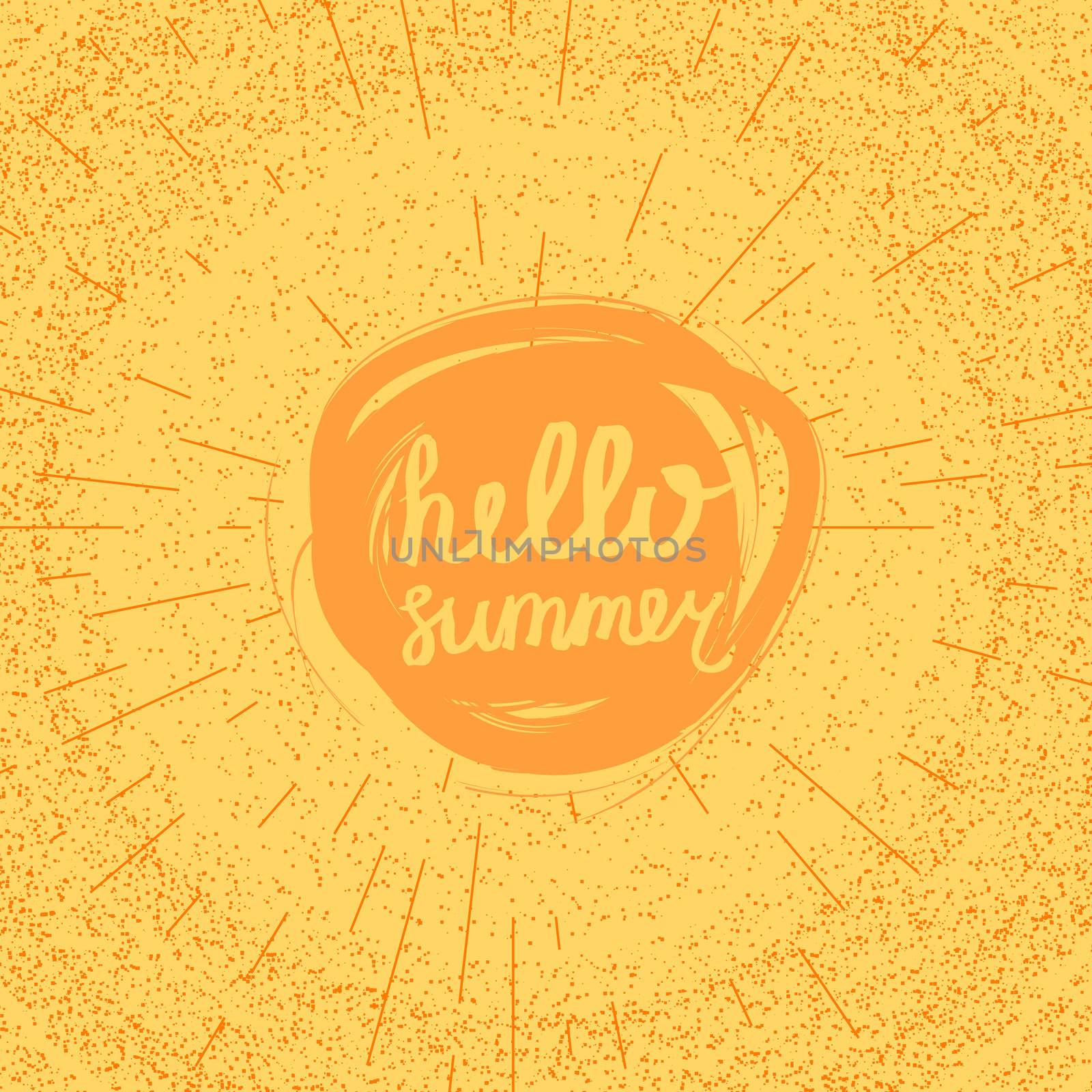Hello Summer Lettering by brush. Typographic vacation and travel hand drawn poster with yellow sun bright background. Vector